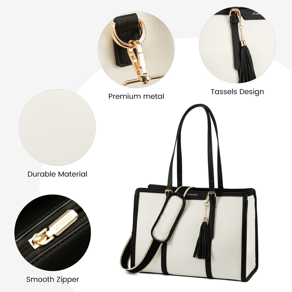 LOVEVOOK Laptop Tote Bag for Women,15.6 inch Canvas Leather Computer bag with Clutch Purse for Business, Travel, Casual, Beige & Black, 15.6 Inch