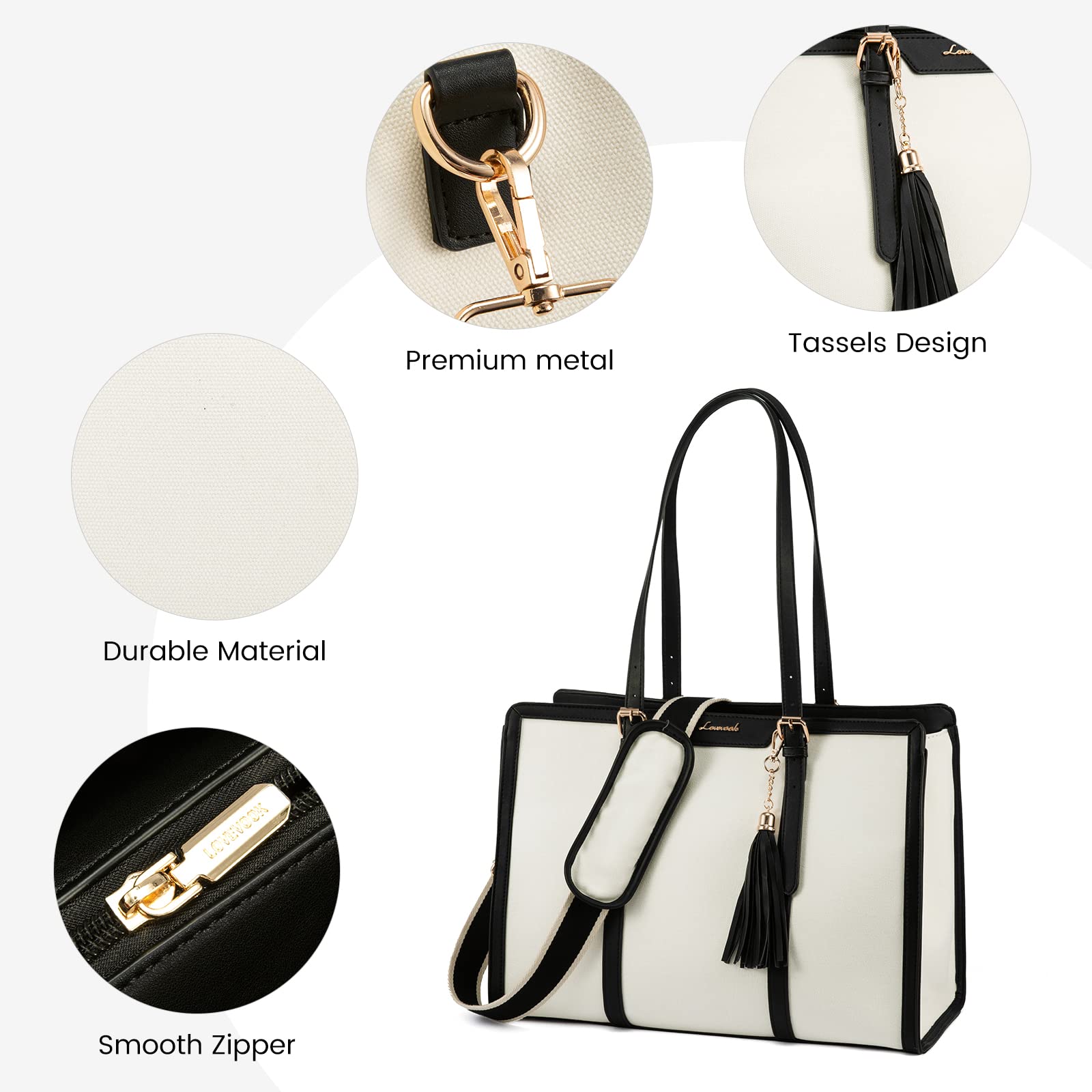 LOVEVOOK Laptop Tote Bag for Women,15.6 inch Canvas Leather Computer bag with Clutch Purse for Business, Travel, Casual, Beige & Black, 15.6 Inch