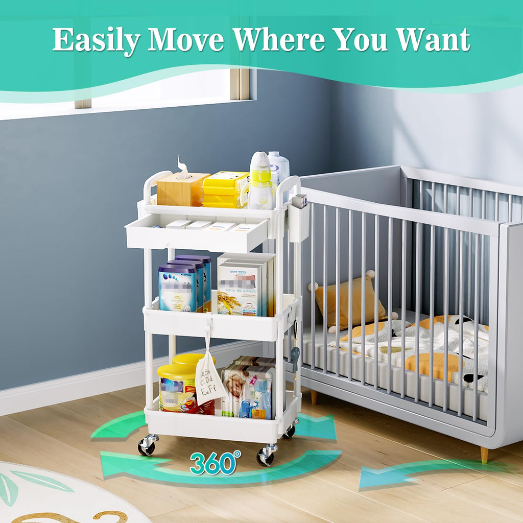 SUNALLY 3 Tier Rolling Storage Carts with Drawer, Storage Cart Organizer with Lockable Wheels Rolling Utility Organizing Cart for Bathroom Kitchen Bedside Art Craft Snake Makeup Lash Nail Baby, White