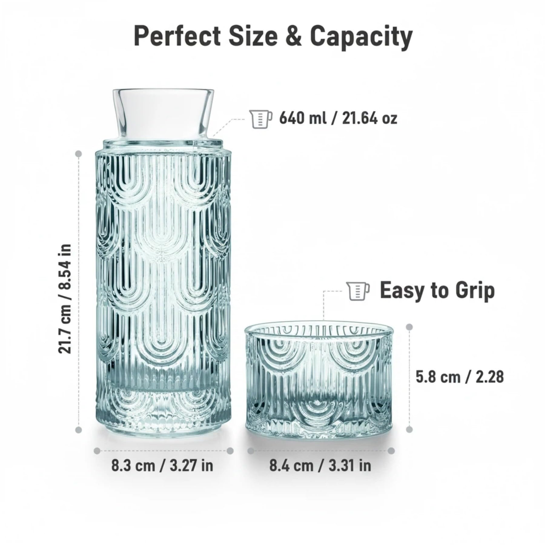 Bedside Water Carafe and Glass Set, Mouthwash Water Dispenser for Bathroom, 21.6 OZ Glass Pitcher Bottles with 6 OZ Lid for Bedroom and Dining (Light Blue)