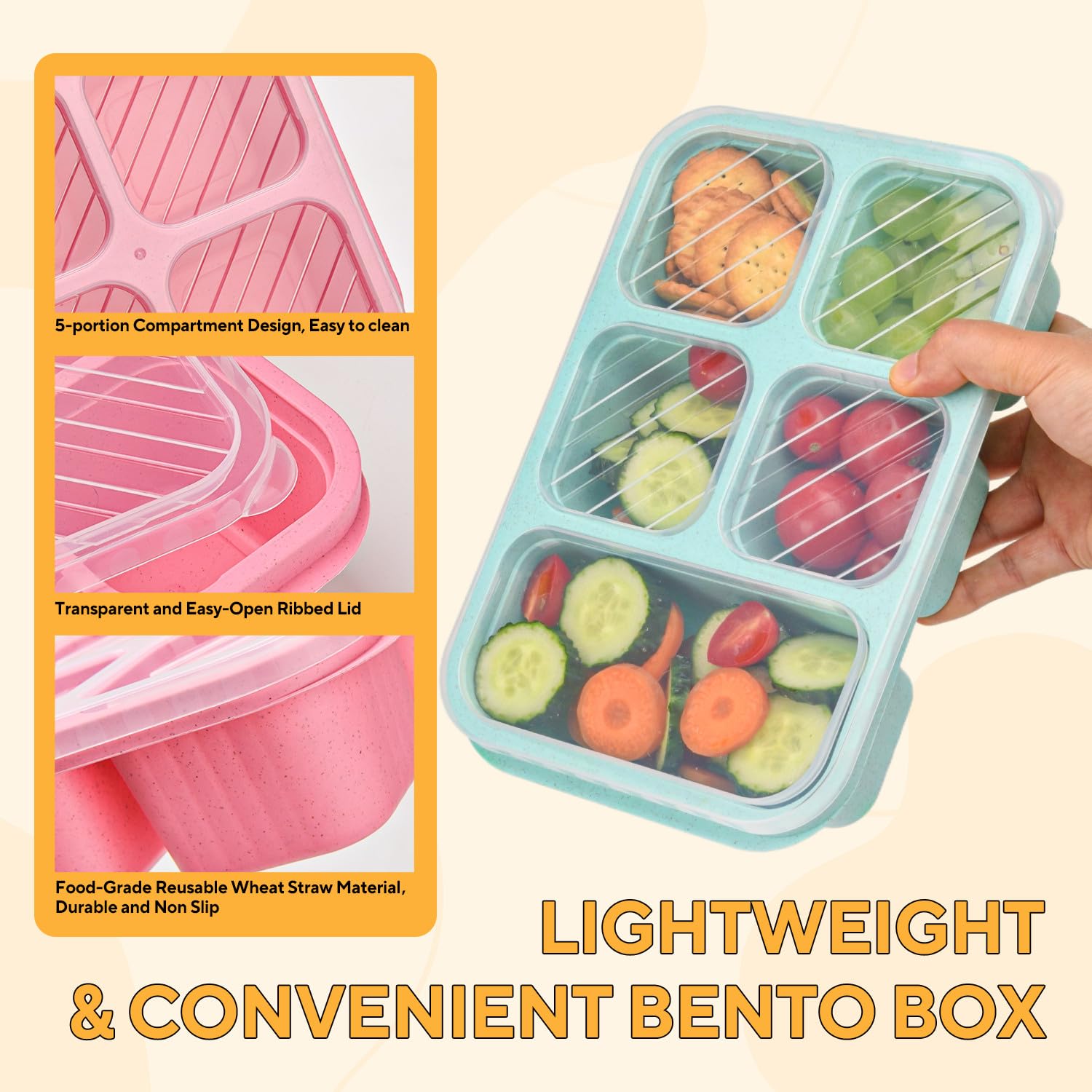 4 Pack Bento Snack Box, 5 Compartment Lunchable Snack Containers, Stackable Bento Lunch Boxes for Kids & Adults, Reusable Wheat Straw Meal Prep Lunch Containers for School，Work and Travel