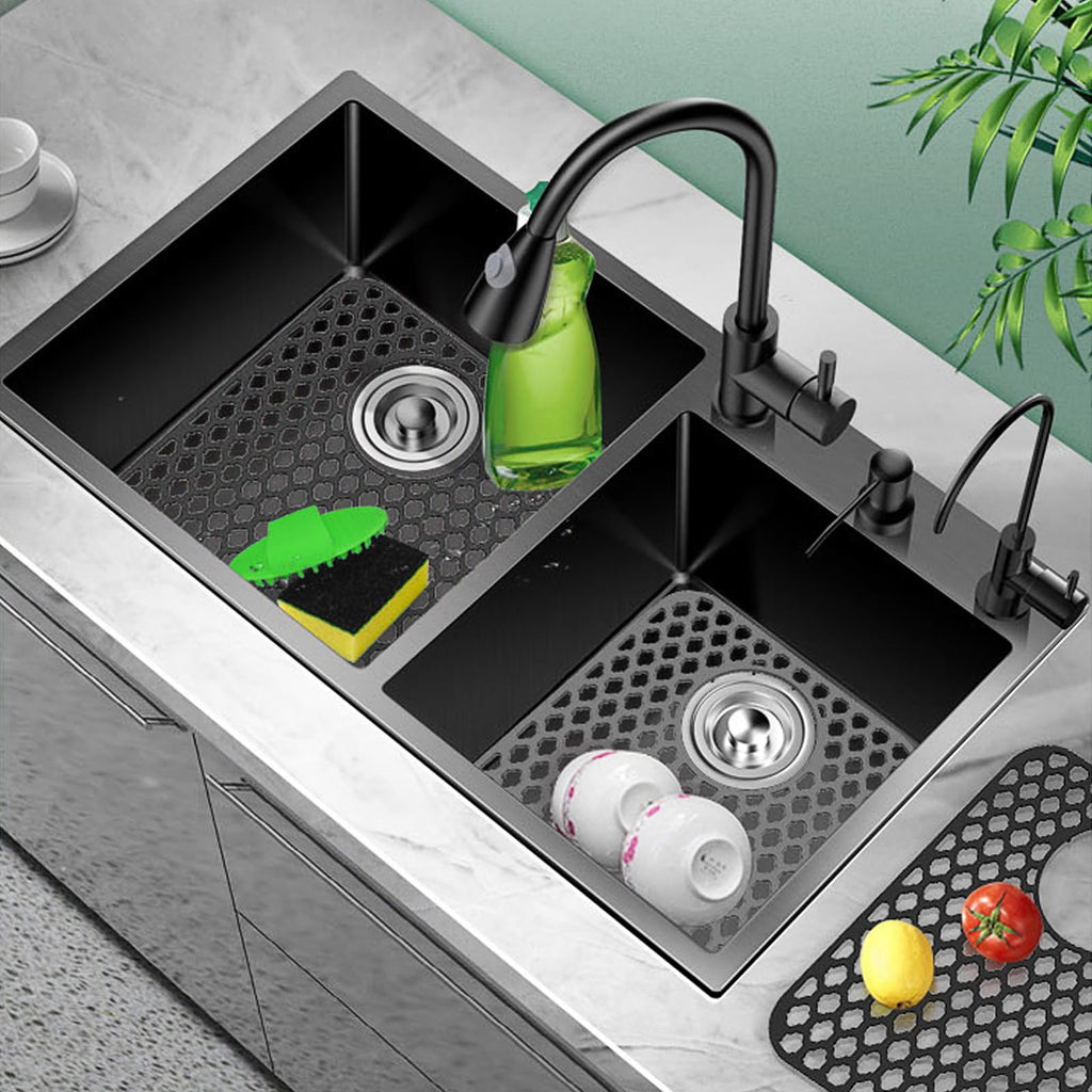 2 Pcs Kitchen Sink Mats, Silicone Grid Sink Protectors Draining Mat for Bottom of Kitchen Sink, Non-Slip Heat Resistant Kitchen Sink Accessories (Rear Drain, Black)