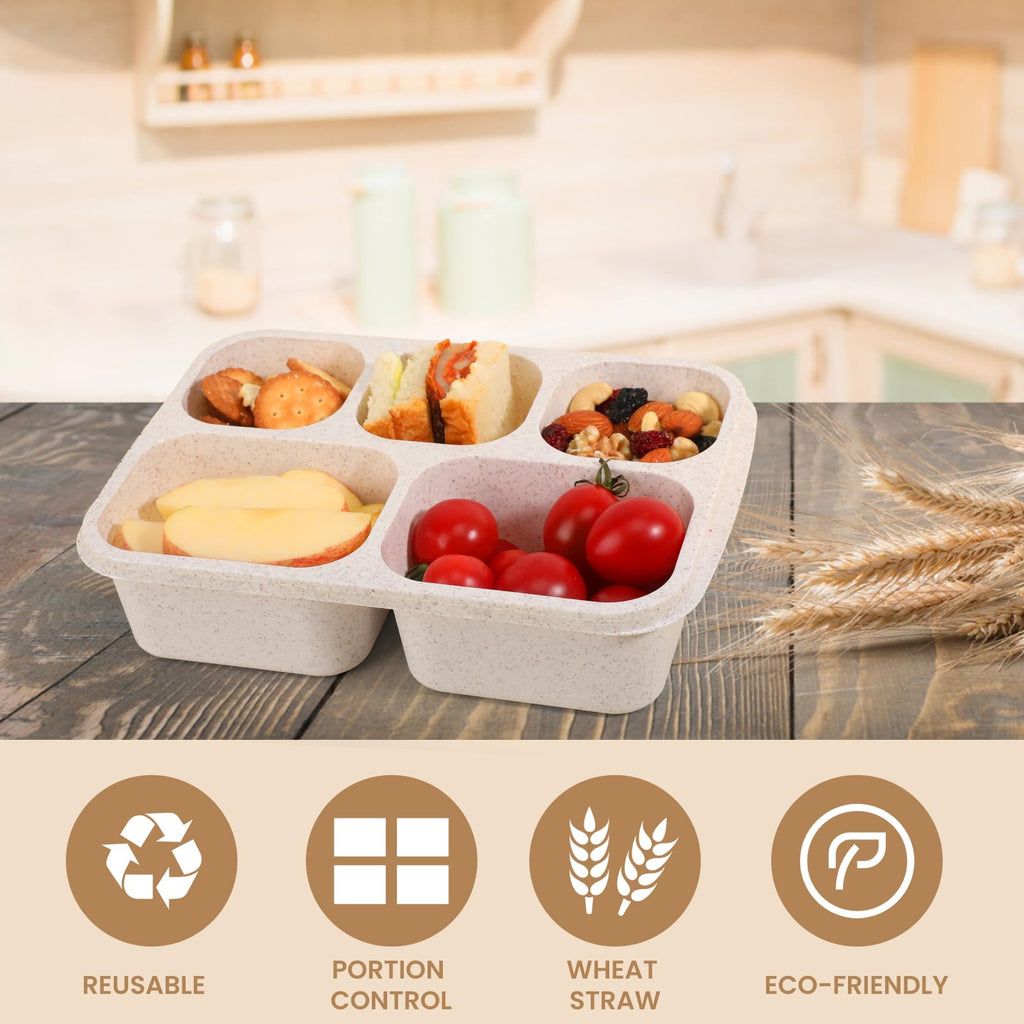 Snack Containers, 4 Pack Lunch Box, Snack Box Containers Reusable for Kids and Adults, 5 Compartment Meal Prep Food Storage Containers for School, Work, Travel(Wheat)