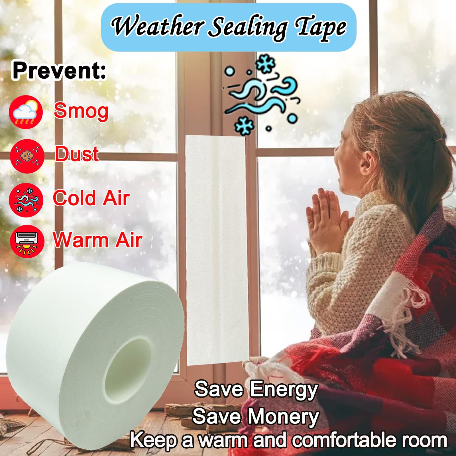 KAIHENG Window Weather Sealing Tape, White Window Draft Isolation Film, Waterproof AC Insulation Air Conditioner Sealing Tape to Keep Out Cold Air, Dust, Rain, 2IN X 99FT, No Residue