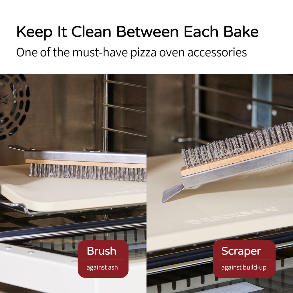 ROCKSHEAT Pizza Oven Brush, 20 Inch Grill Cleaning Brush with Scraper, Heat Resistant Stainless Steel Bristles, Beech Wood Handle, 2 in 1 Pizza Stones Brush, Ooni Ourdoor Pizza Oven Accessories