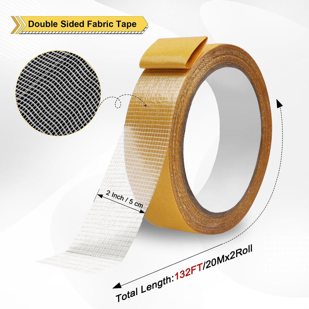 Storystore Double Sided Tape Heavy Duty, 2in x 132ft(20m x 2Roll) Fabric Carpet Tape Double Sided, High Sticky Strength Adhesive Double Sided Mounting Tape for Carpet, Clothes, Poster, DIY Crafts