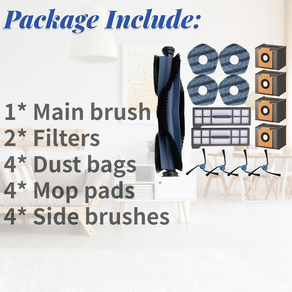 Replacement Parts for Eufy X10 Pro Omni Vacuum Cleaner Accessories Kit, 1 Main Brush, 2 Hepa Filters, 4 Dust Bags, 4 Mop Pads, 4 Side Brushes