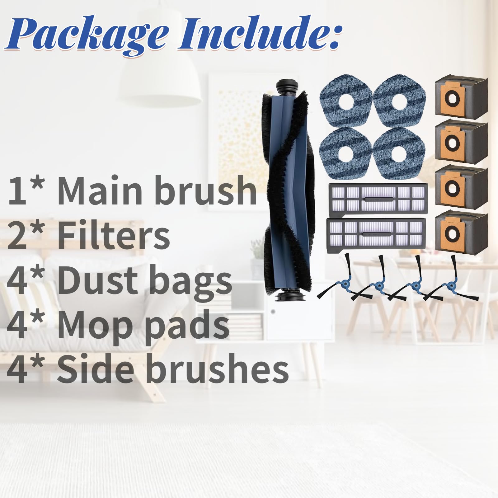 Replacement Parts for Eufy X10 Pro Omni Vacuum Cleaner Accessories Kit, 1 Main Brush, 2 Hepa Filters, 4 Dust Bags, 4 Mop Pads, 4 Side Brushes