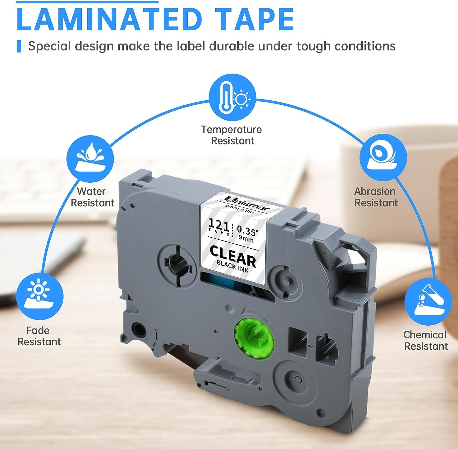 Unismar Compatible for Brother TZe-121 TZe121 TZ121 9mm Label Tape for PT-D200 PT-D210 PT-D600 PT-D400 PT-H100 PT-H110 PT-1280 Label Maker, 3/8 inch x 26.2 feet, Black on Clear, 5-Pack