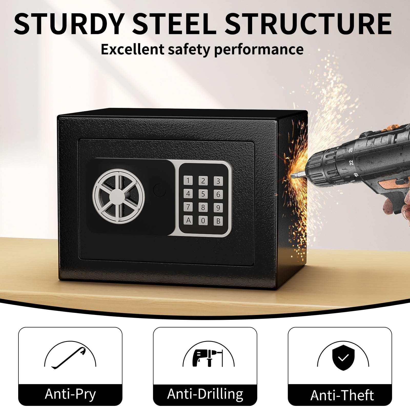KABISAFE Safe Box 0.3 Cubic Feet, Small Safe with Digital Keypad and Key, Anti Theft Safe for Jewelry Watch Cash, Personal Money Safe for Home (Black)
