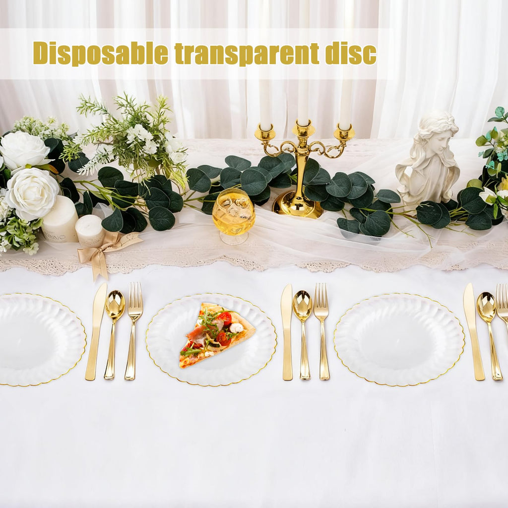 Auch 50 Pack 6 Inch Clear Plastic Plates Gold Rim, Disposable Heavy Duty Salad Dessert Plates- Premium Hard Plastic Plates Fancy Disposable Clear Plates for Weddings, Parties and Events (50 Pack)