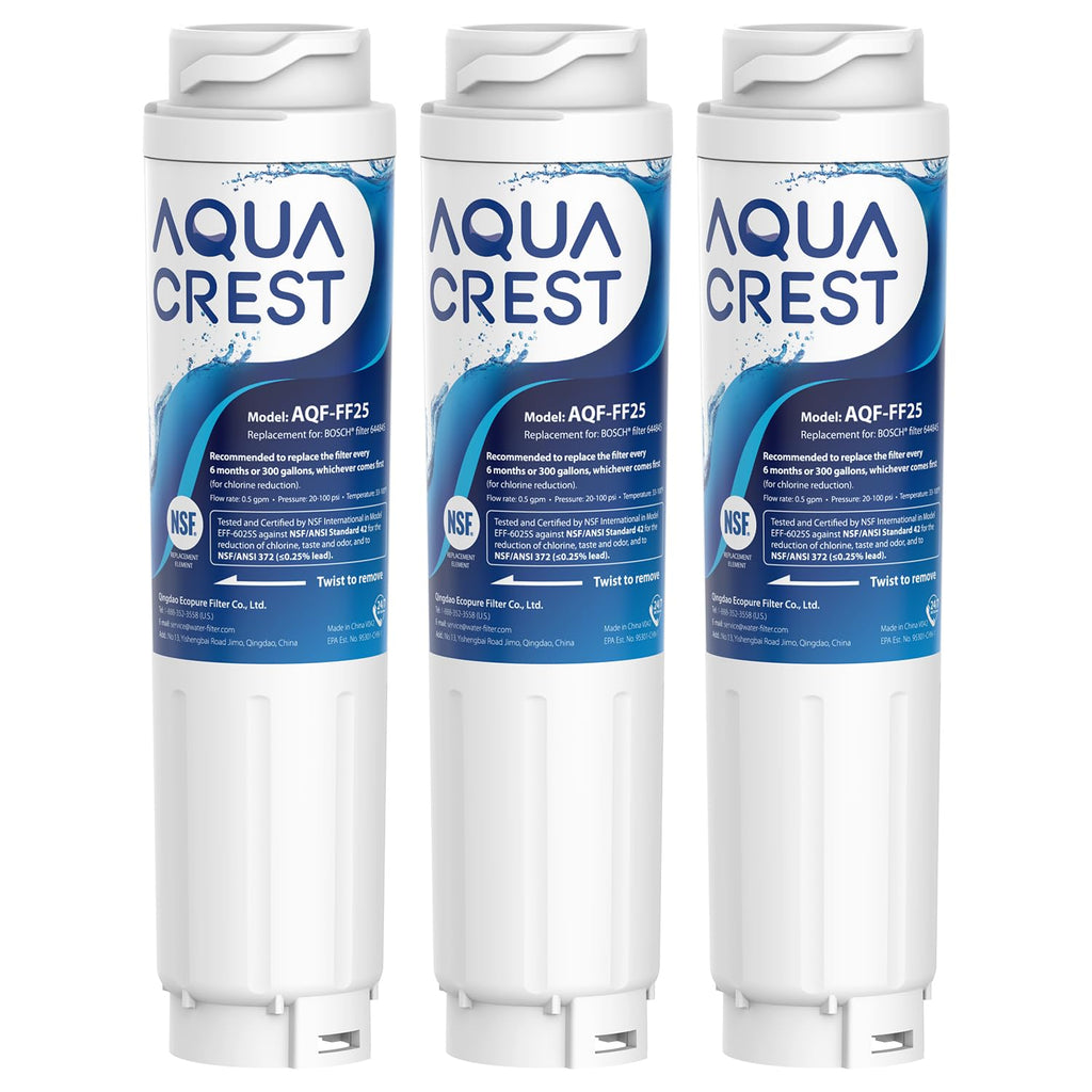 AQUA CREST AQF-FF25 Refrigerator Water Filter Replacement for UltraClarity REPLFLTR10, Bosch Ultra Clarity 644845, 9000 077104, 3 Filters