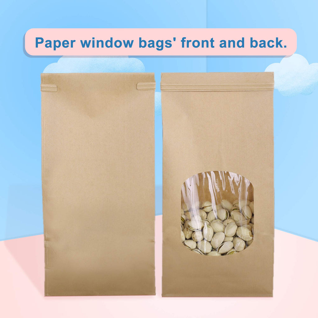 BagDream Cookie Bags 50 Pcs 4.5x2.36x9.6 Inch Brown Kraft Paper Bags with Window, Tin Tie Tab Lock, Recyclable Treat Bags for Coffee Bean, Bread, Muffin, Popcorn, Party, Wedding