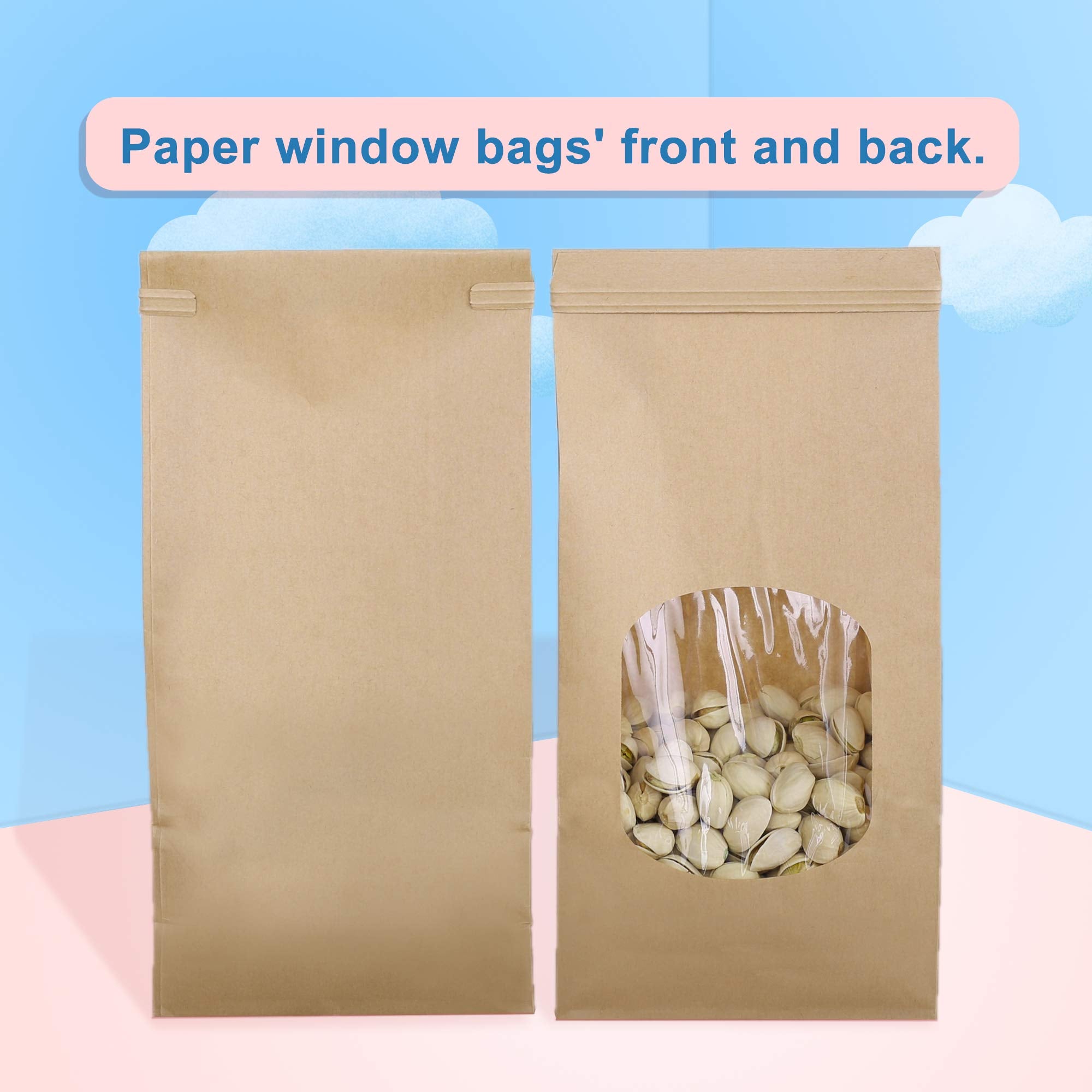 BagDream Cookie Bags 50 Pcs 4.5x2.36x9.6 Inch Brown Kraft Paper Bags with Window, Tin Tie Tab Lock, Recyclable Treat Bags for Coffee Bean, Bread, Muffin, Popcorn, Party, Wedding