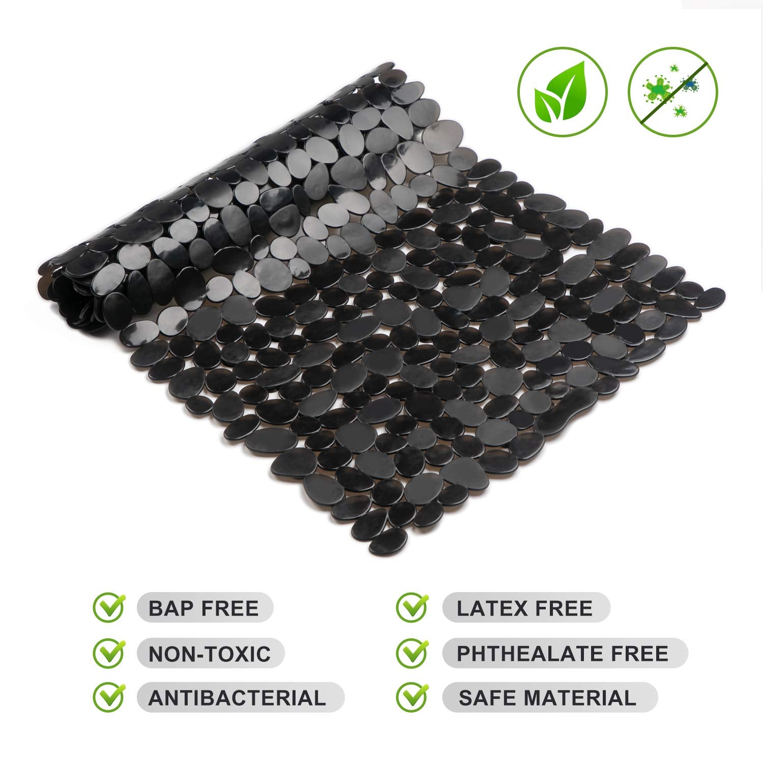 WELTRXE Non Slip Bath Mat Pebbles Bathtub Mat with Suction Cups, Drain Holes for Bathroom Showers, Tub, 35" x 16" Machine Washable Rectangle Bathroom Mats BPA, Latex Free Safe Shower Mats,Opaque Black