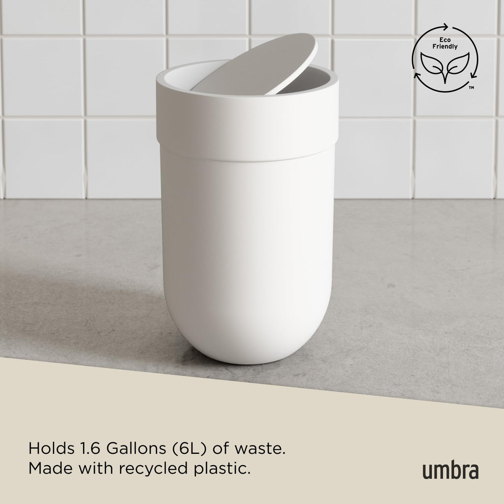 Umbra Touch Trash Can, Small 1.6-Gallon Garbage Bin with Swing Lid, Waste Basket for Bathroom or Office, White