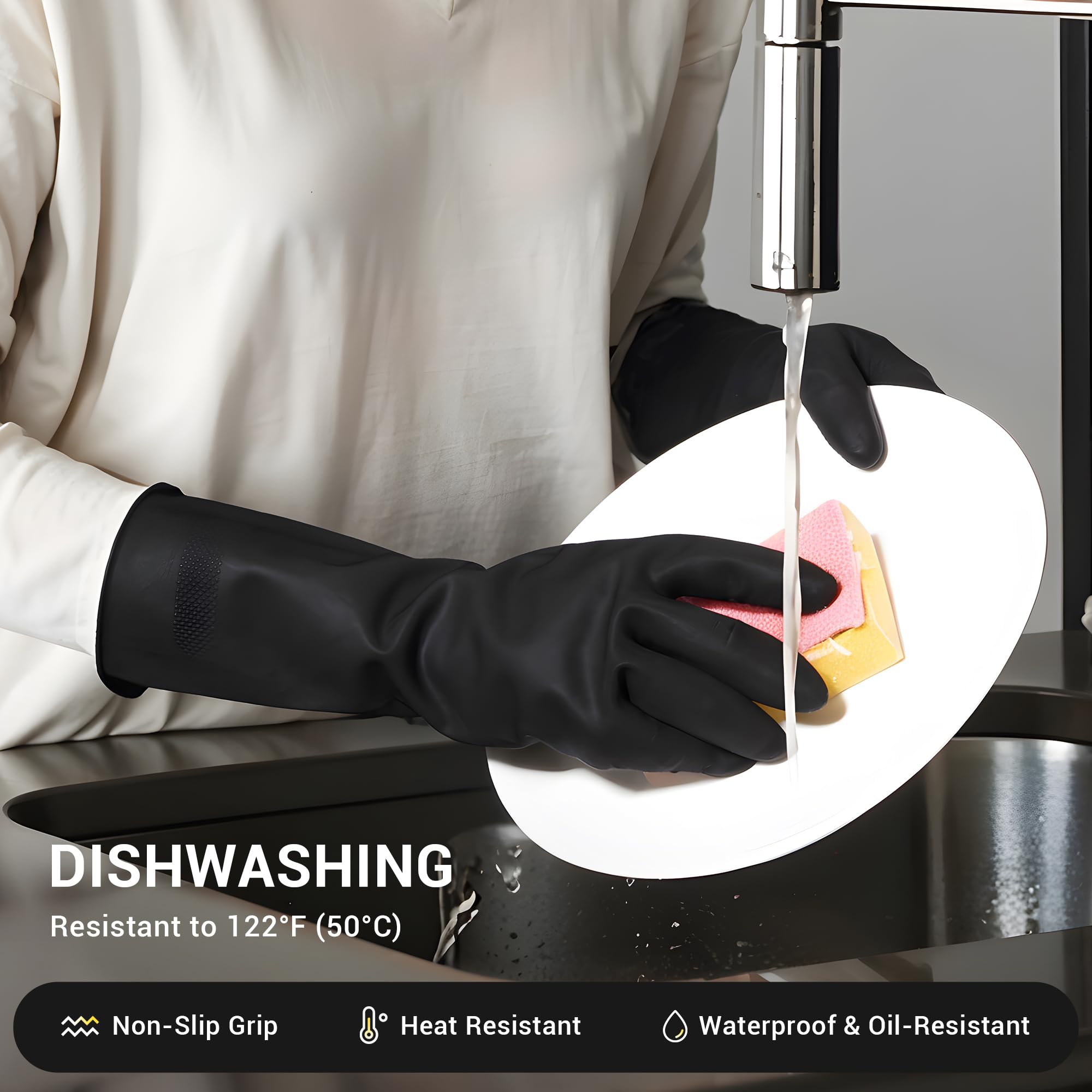 ThxToms 3 Pairs Dishwashing Gloves, Reusable Latex Cleaning Gloves for Housework Kitchen Bathroom, Durable Flexible & Anti-slip, Smooth Comfortable Lining, Extra Large, Black
