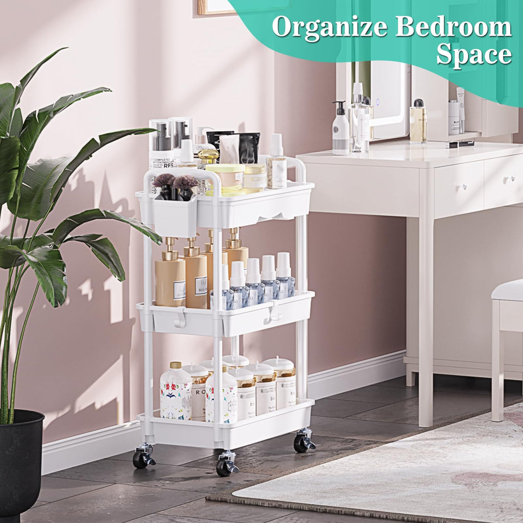 SUNALLY 3 Tier Rolling Storage Carts with Drawer, Storage Cart Organizer with Lockable Wheels Rolling Utility Organizing Cart for Bathroom Kitchen Bedside Art Craft Snake Makeup Lash Nail Baby, White