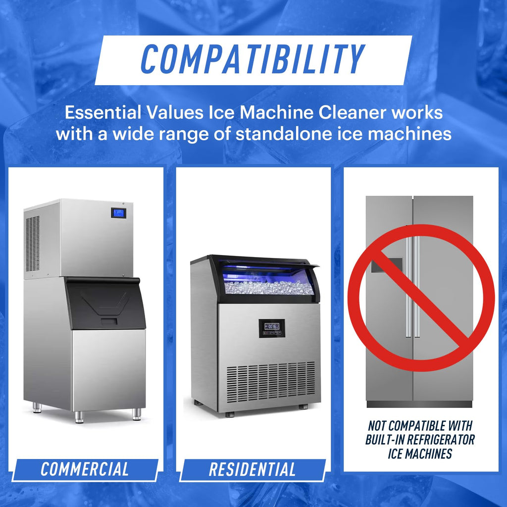 Essential Values 2-Pack Ice Machine Cleaner and Descaler 16 fl oz, Nickel Safe Descaler | Ice Maker Cleaner Compatible with All Major Brands (Scotsman, KitchenAid) Manufactured in USA