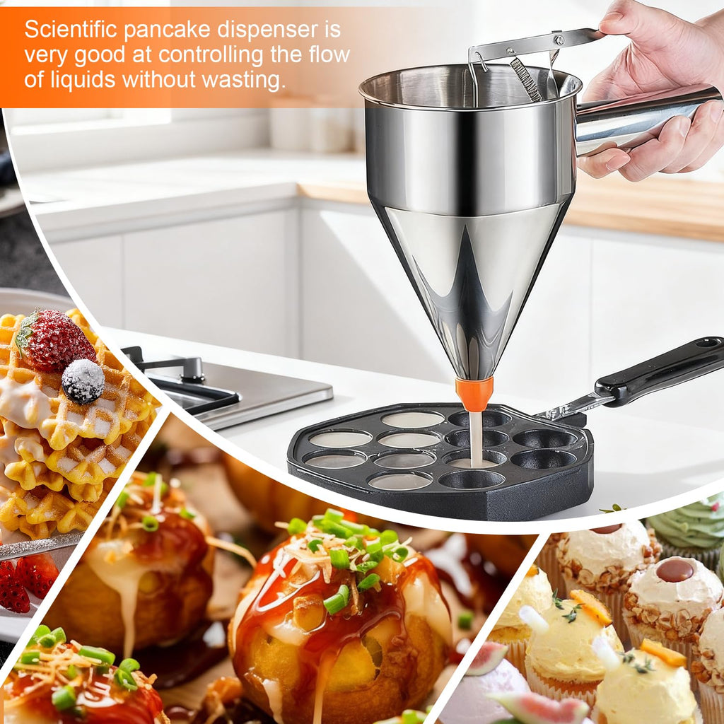 40oz Pancake Batter Dispenser, Stainless Steel Funnel Cake Dispenser with 4 Silicone Nozzles, 3 Brushes, 1dust Cover, Exquisite Box Packaging, Perfect for Waffle, Pancakes, Cupcakes, and Funnel Cakes