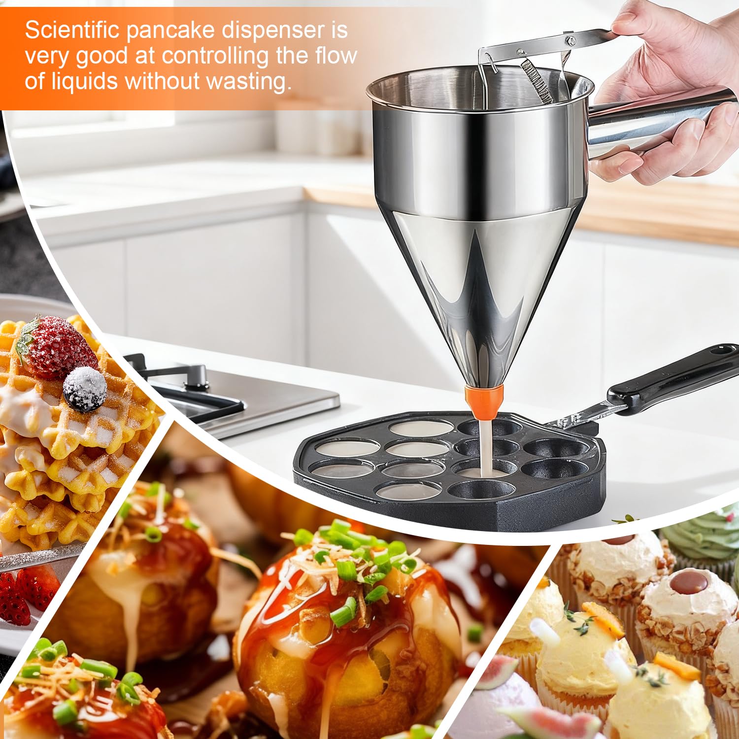 40oz Pancake Batter Dispenser, Stainless Steel Funnel Cake Dispenser with 4 Silicone Nozzles, 3 Brushes, 1dust Cover, Exquisite Box Packaging, Perfect for Waffle, Pancakes, Cupcakes, and Funnel Cakes
