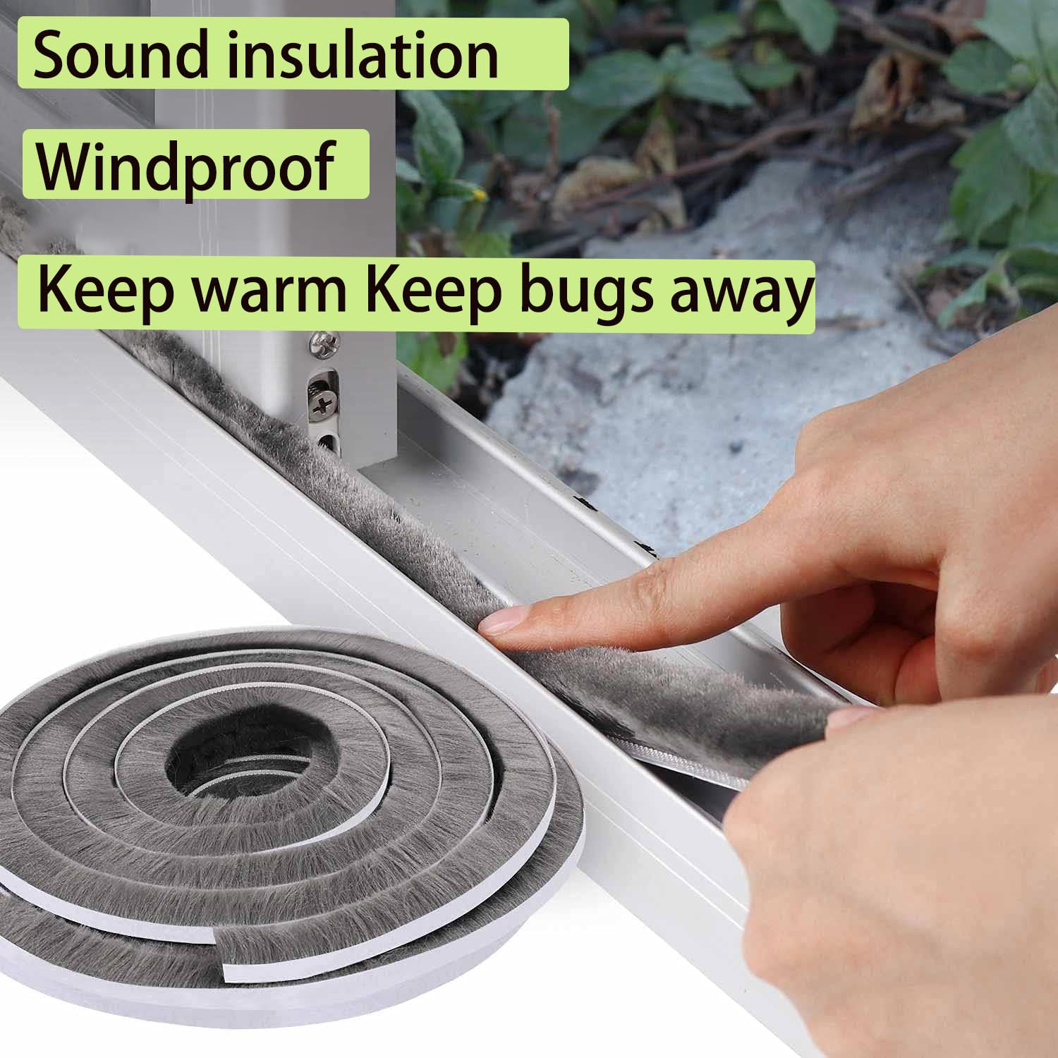 MILEQEE Weather Stripping Sealing Tape, 33Feet Door Seal Brush Strip, Window Felt Pile Weatherstrips Winter, Draft Blocker for Sliding Doors, Self Adhesive, Dust Noise Stopper Soundproofing, 10m Grey