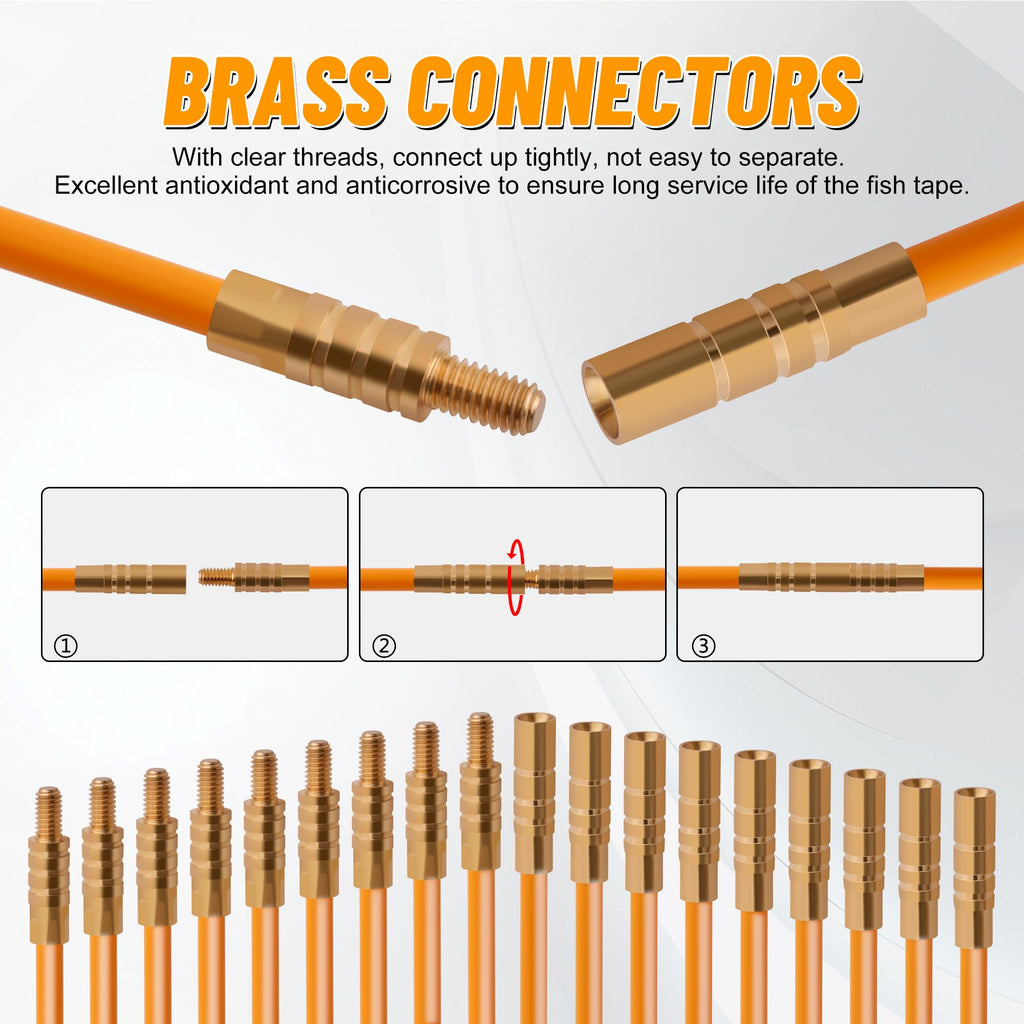 KOOTANS 22FT Fiberglass Electrical Wires Running Kit Wire Fishing Tools Fish Tape Wire Puller Through Wall Cable Snake Fish Rods Kit with Different Attachments