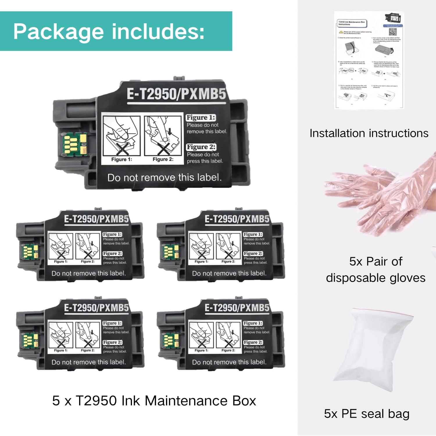5 Pack WF-110 Maintenance Box, Remanufactured T2950 T295000 Ink Maintenance Box for Epson Workforce WF-100 WF-100W WF 100 WF100 Inkjet Printer
