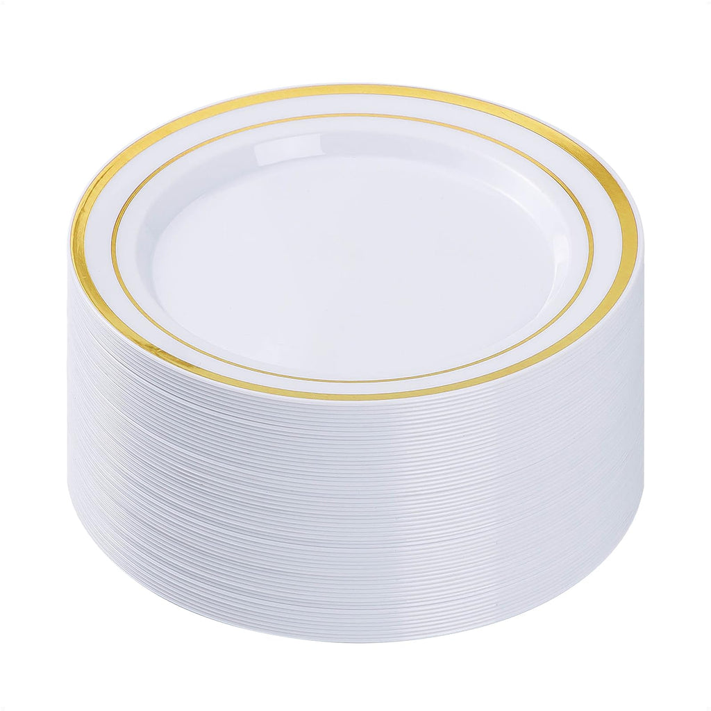 Goodluck 50PCS Gold Plastic Plates, 10.25 Inch Disposable Dinner Plate Party with Gold Rim, Heavy Duty Disposable Plastic Plates for Party, Wedding and Birthday