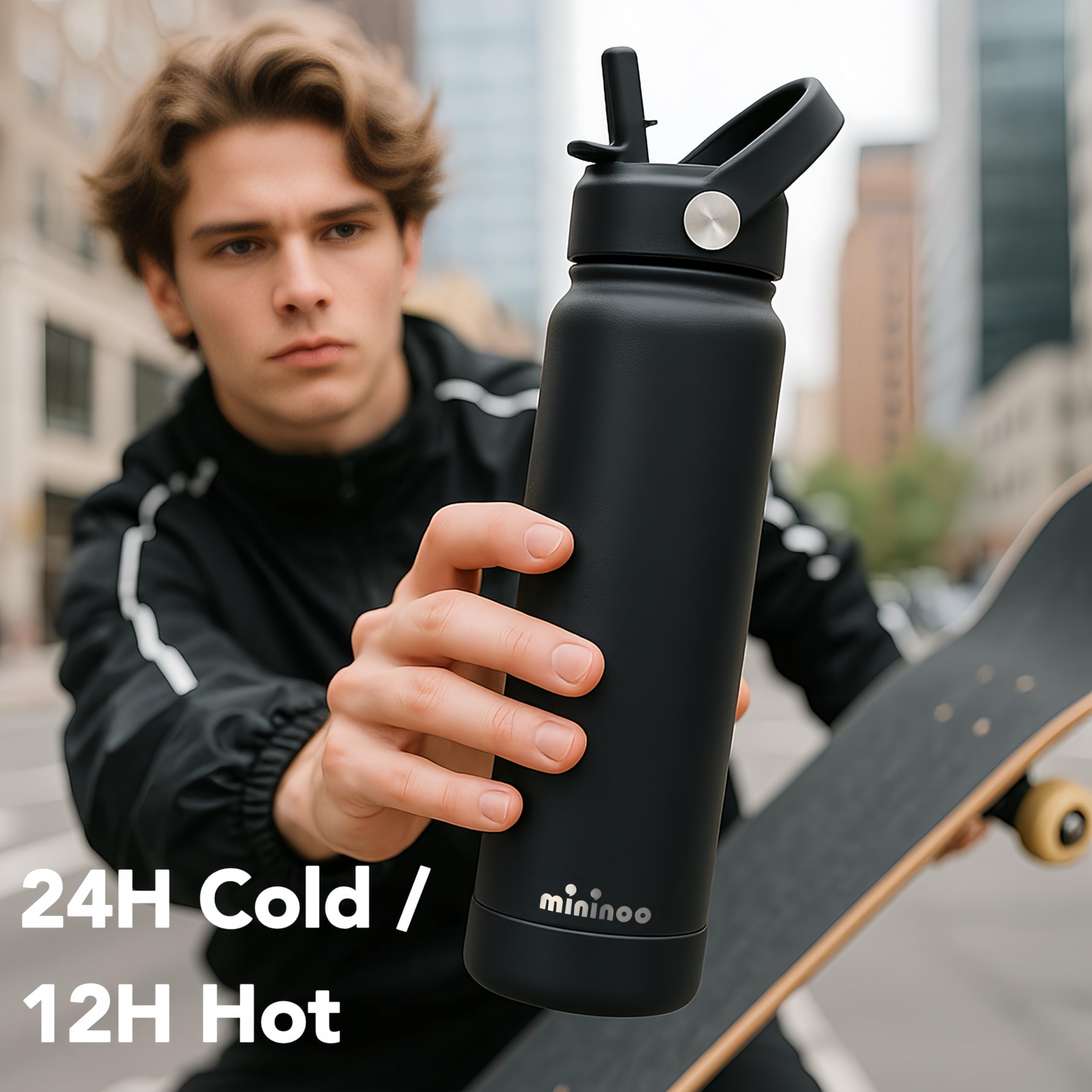Insulated Stainless Steel Water Bottle with Straw, Ceramic-Lined, BPA-Free & Leak-Proof, 24 oz, Black