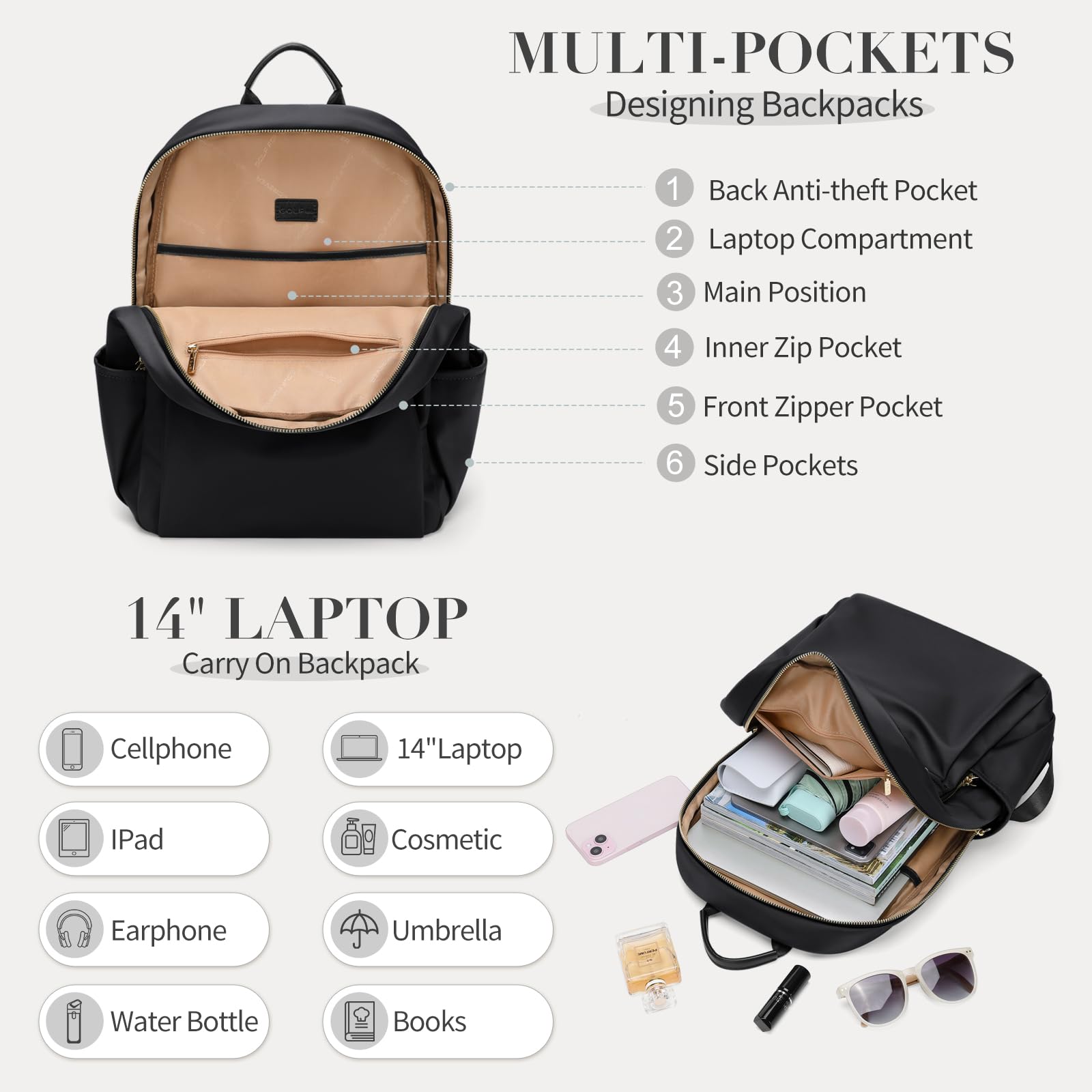 Stylish Laptop Backpack for Women Computer Bag Fits 14 Inch Notebook Travel College Work Backpacks Purse (Black)
