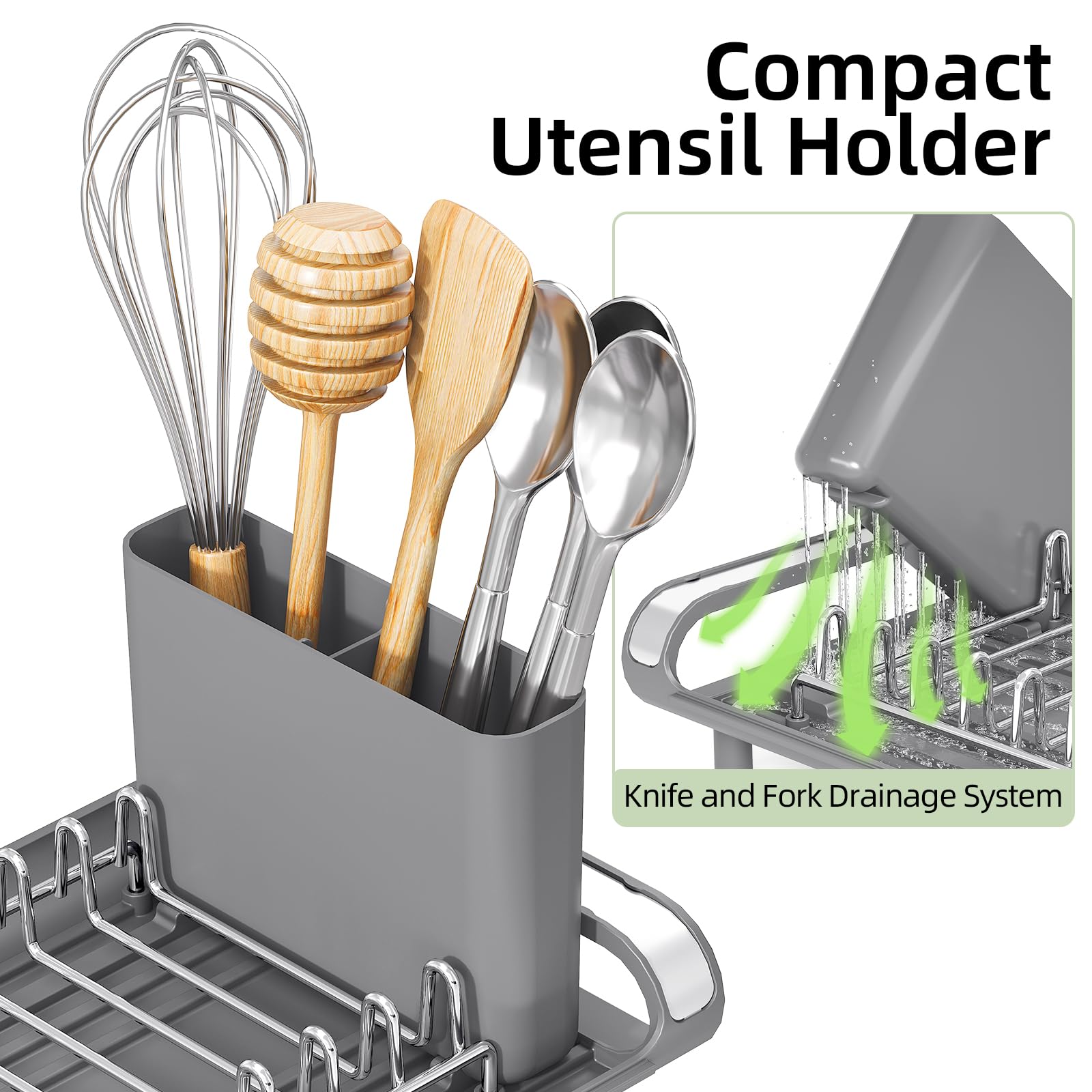 Small Expandable Dish Drying Rack – Compact Stainless Steel Dish Drainer with Removable Cutlery Holder, Anti-Rust Plate Rack for Kitchen Countertop or Sink, Grey