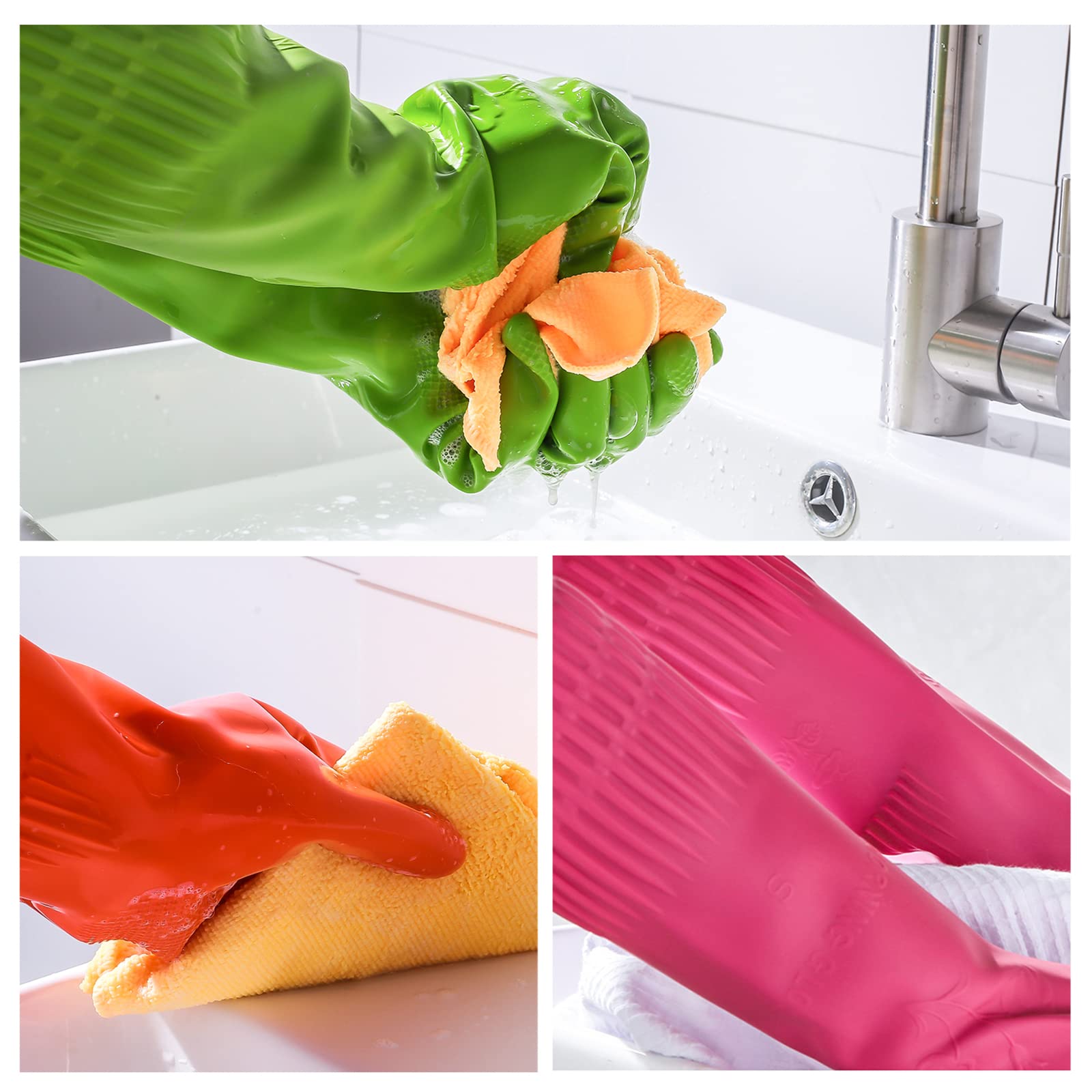 Rubber dishwashing gloves 3 Pairs for kitchen,Cleaning washing dish gloves long for household reuseable durable.(Small,Multicolor)