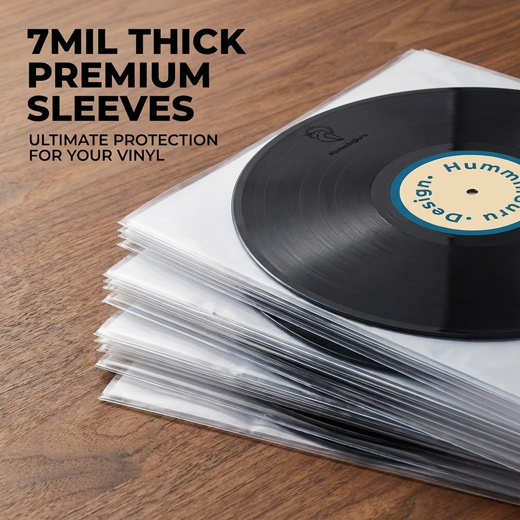 HumminGuru 3-Ply Premium Inner Record Sleeves 12 Inch. Rice Paper Lined Master Sleeve. Anti-Static Vinyl Record Sleeve, Acid-Free Thick HDPE 3+1 Layer in 7 Mil, 50 Pack (12” Premium Inner Sleeves)