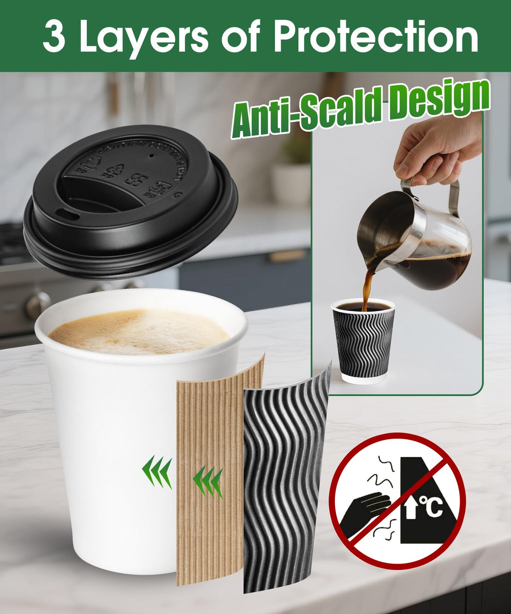 Sipthene 100 Pack 8 oz Disposable Coffee Cups with Lids, to Go Insulated Thick Coffee Cups for Hot/Cold Beverage, Corrugated Ripple Wall Cups for Espresso Coffee, Hot Chocolate and Cocoa - Black