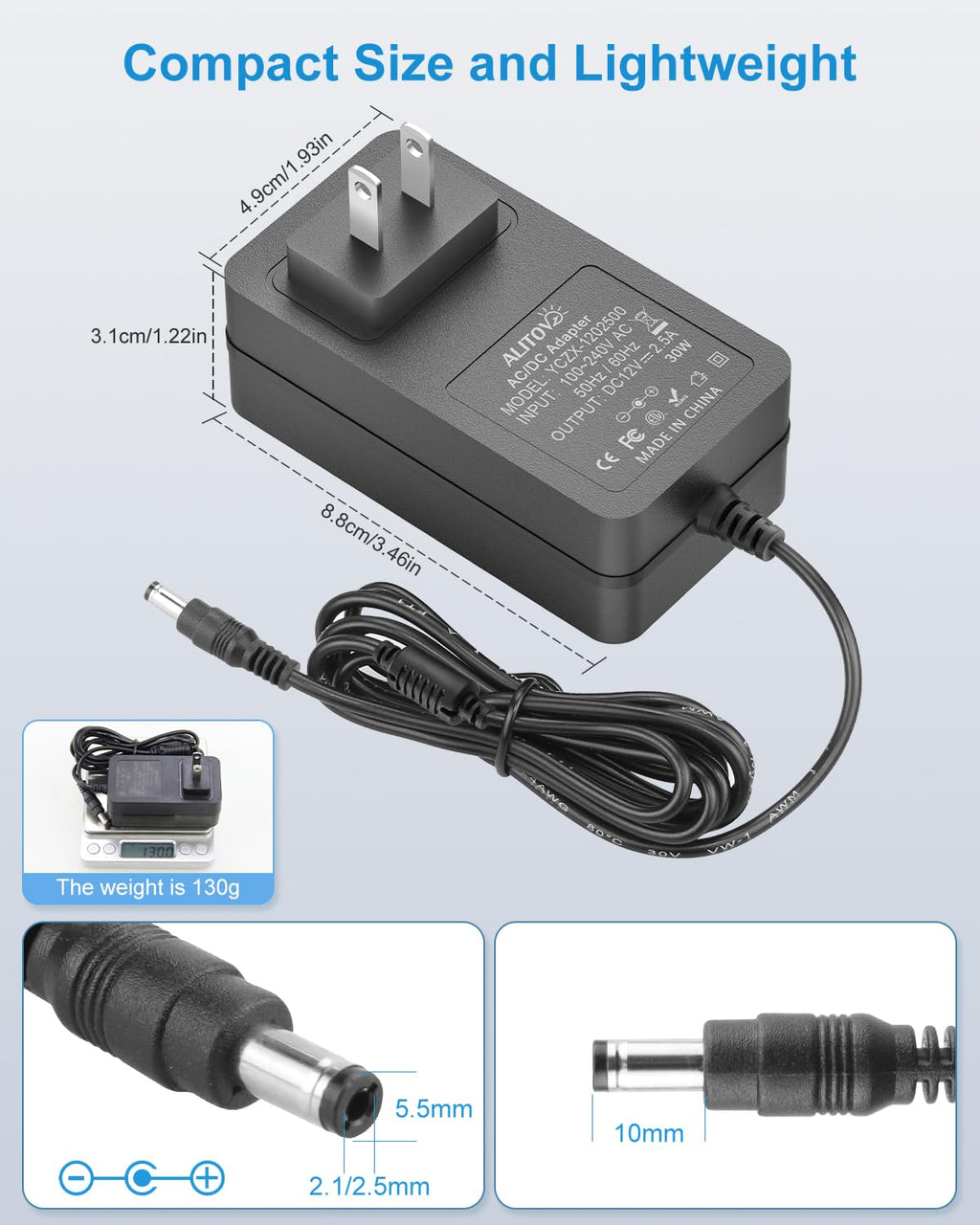 ALITOVE 12 Volt Power Supply 2.5A AC/DC Adapter 100~240V 50-60hz to DC 12V Power Cord Transformer 2.5 Amp AC to DC Converter 6.2FT with 14 Tips for LED Light CCTV Security Camera PC Monitor Router