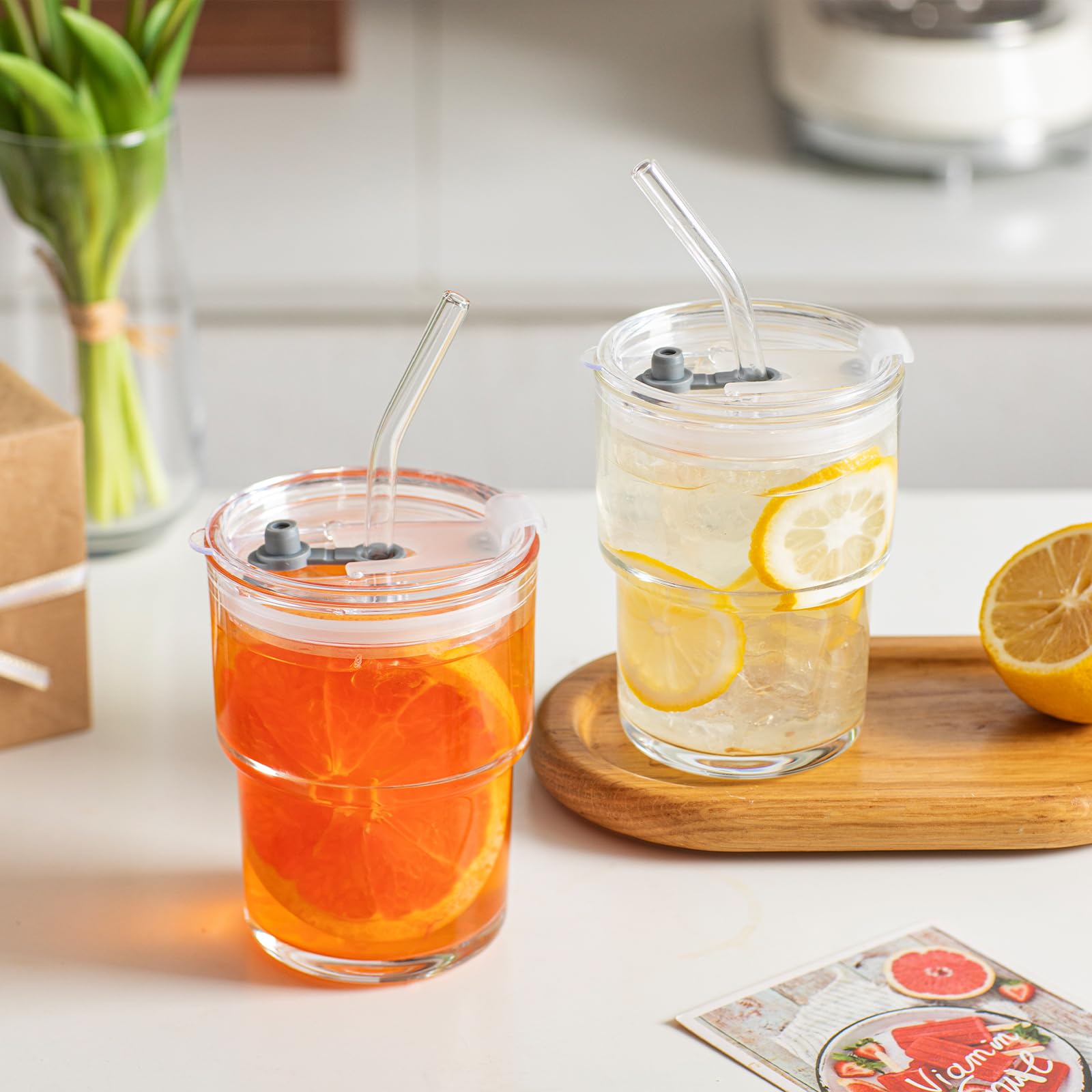 INSETLAN 13oz Portable Glass Tumblers Set of 4, Thick Wall Glass Cups with Lid and Glass Straw, On-The-Go Coffee Cups for Iced Coffee, Tea, Milk, Hot & Cold Drinks, Travel & Daily Use