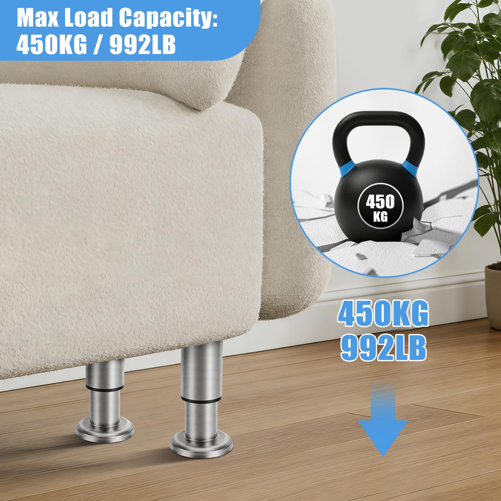 4Pcs Adjustable Height Bed Support Legs with 20Pcs Screws, 3.2"-4.7" Adjustable Furniture Legs Feets, Heavy Duty Furniture Risers for Cabinet Sofa Chair Dresser Desk (Silver)