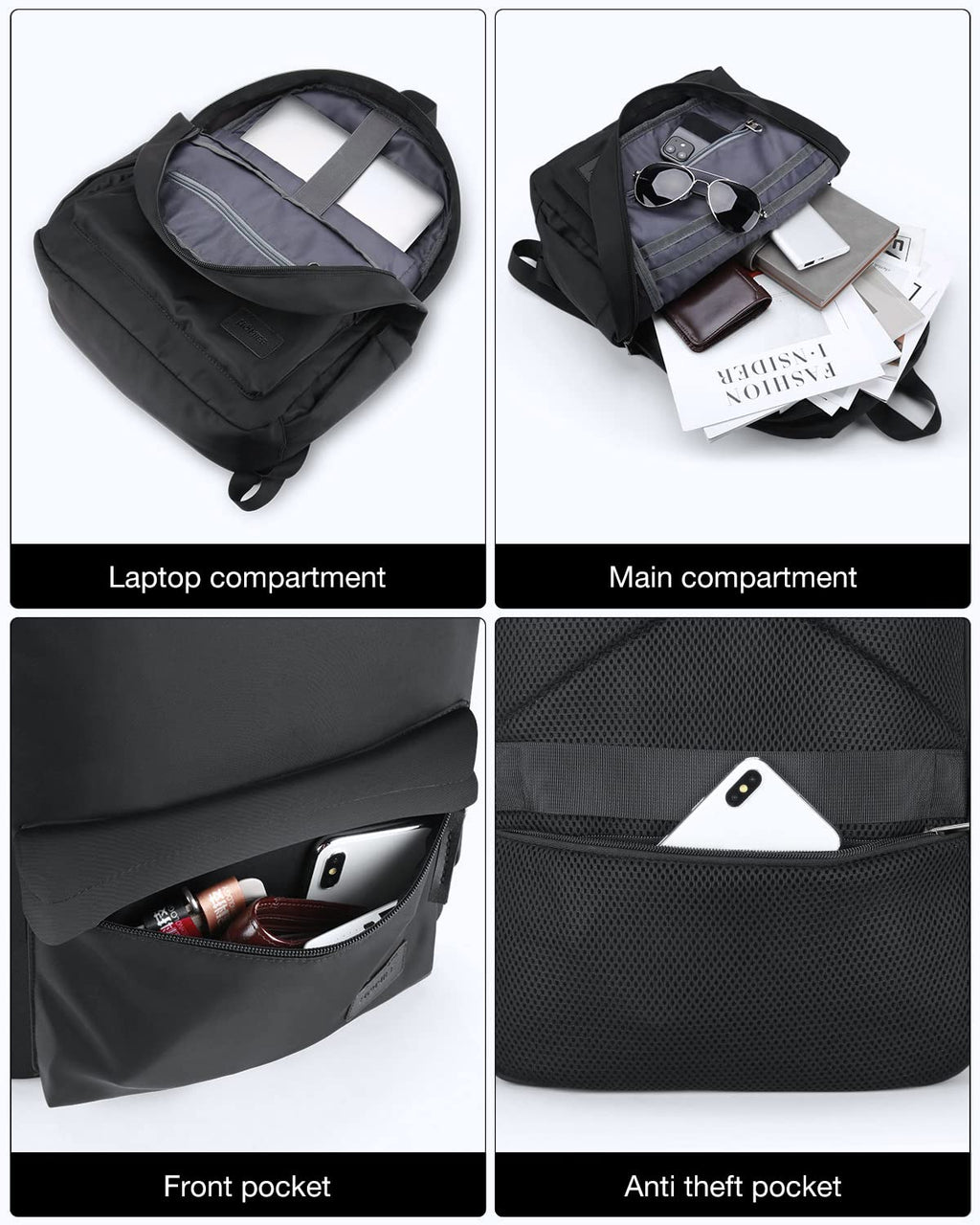 HOMIEE Lightweight Stylish Backpack, Water-Resistant Daypack Unisex Laptop Bookbag, 14-Inch Laptop Casual Backpack for Women & Men, Travel/School/Casual/Work Backpack, Black