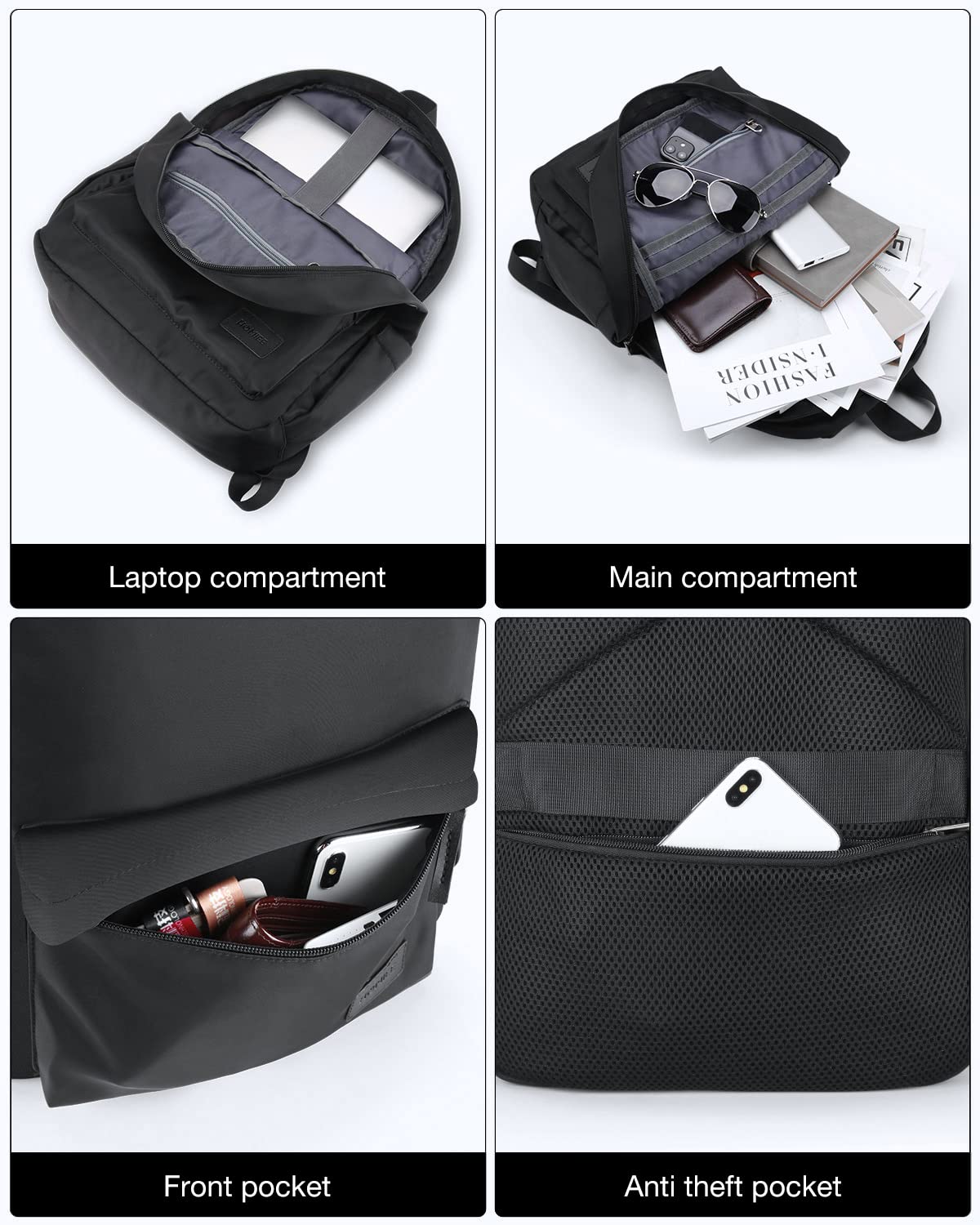 HOMIEE Lightweight Stylish Backpack, Water-Resistant Daypack Unisex Laptop Bookbag, 14-Inch Laptop Casual Backpack for Women & Men, Travel/School/Casual/Work Backpack, Black