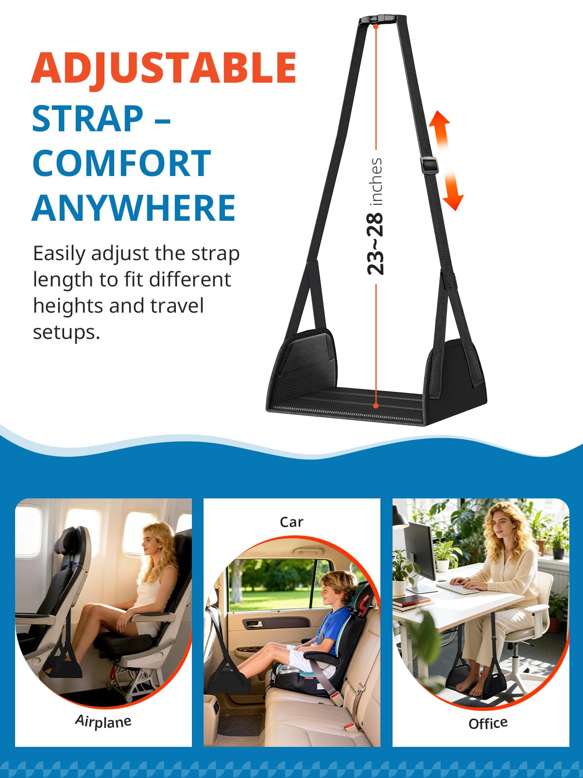 SARISUN 2-Pack Foot Hammock Airplane, No Collapse Foot Rest with Wide PE Board Support, Portable Plane Foot Hammock for Airplane, Under Desk with Adjustable Strap, Carry Bags for Women & Men