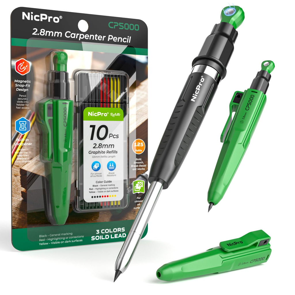 Nicpro CP5000 Carpenter Pencil with Armored Exterior, Multifunction Portable All-in-one Deep Hole Marking for Construction, Professional Woodworking, ABS Anti-Gravity Tools Architect(Black-green #003)