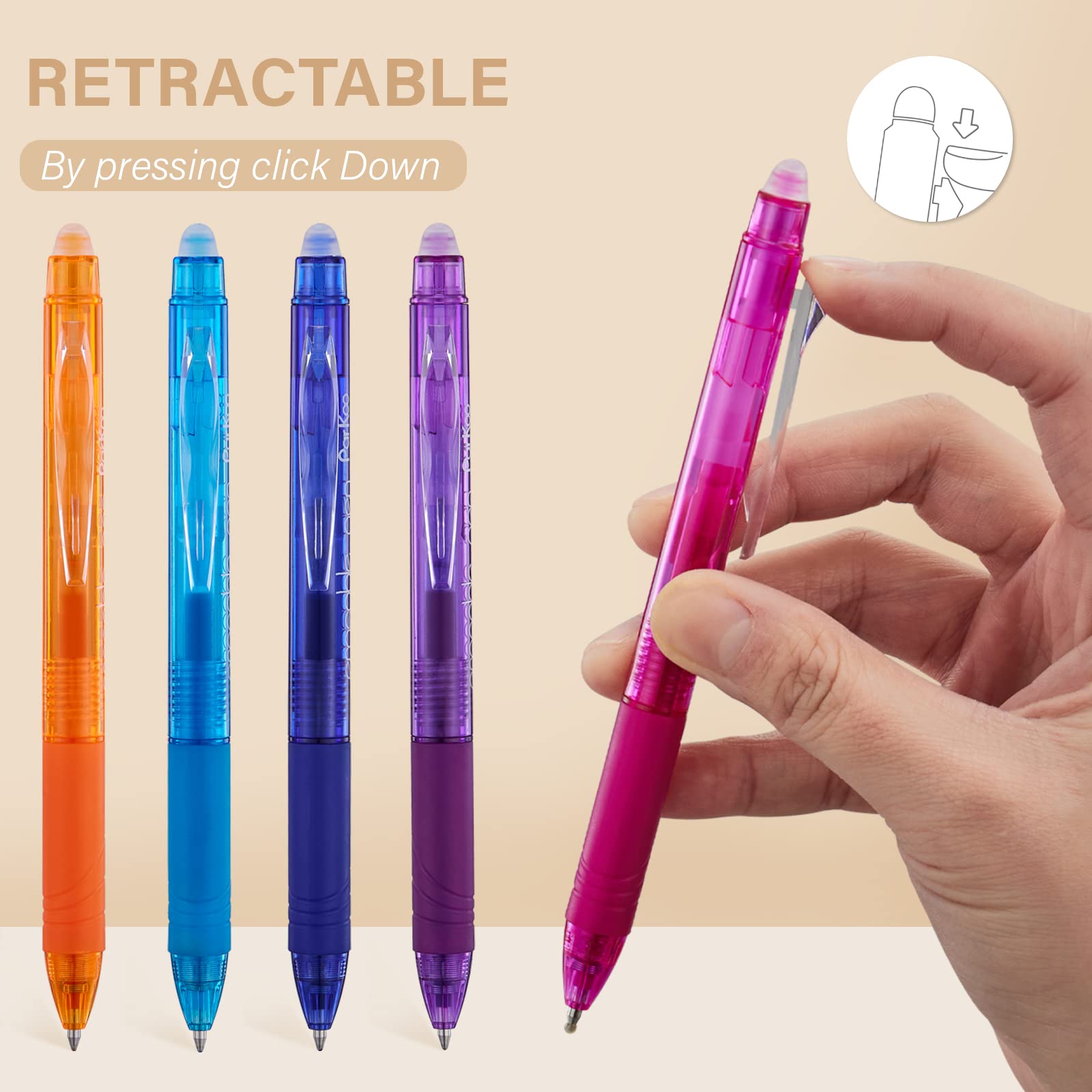 ParKoo 20 Colors Retractable Erasable Gel Pens Clicker, Fine Point 0.7 mm, Make Mistakes Disappear, Comfort Grip for Drawing Writing Planners and Crossword Puzzles
