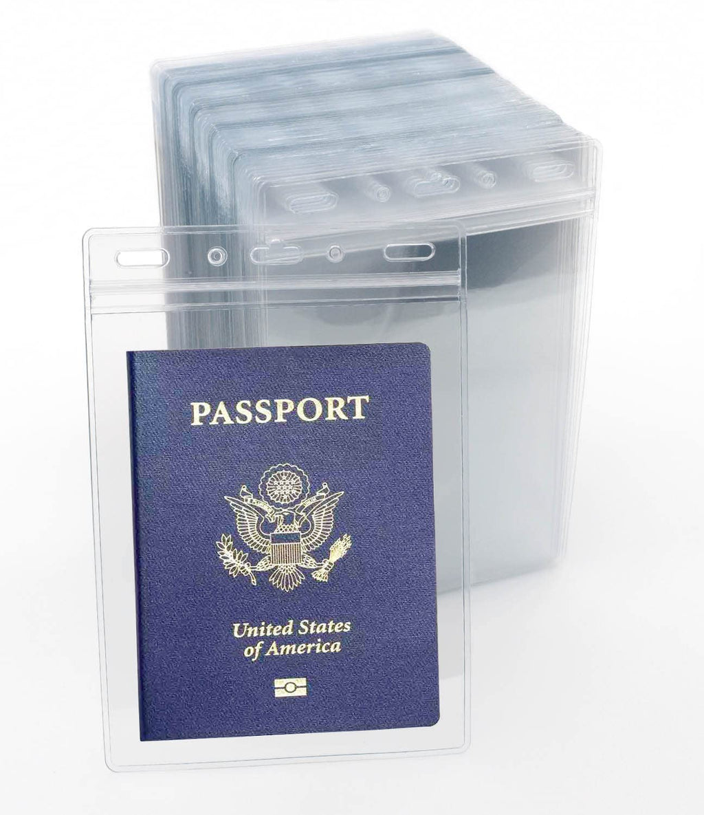 WTQ 50 Pack Waterproof Passport Holder(Extra Large, Fits 4x6 in Insert), Vertical Name Tag Holder, Vinyl Plastic VIP Access Holder, Clear Back Stage Badge Holder Bulk