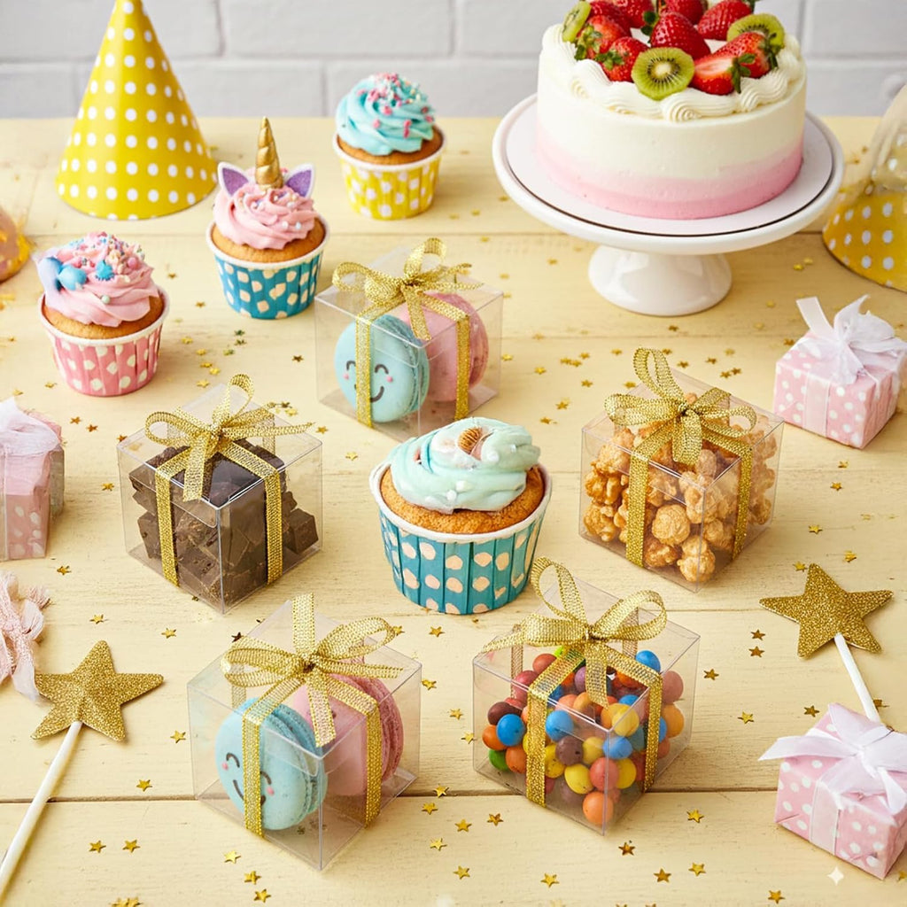 Nicunom 120 Pack 2x2x2 Inch Clear Favor Boxes with Ribbons, Small Plastic Gift Boxes Mini Transparent Cube Individual Candy Macaron Packaging Box for Wedding Birthday Party Baby Shower Treats