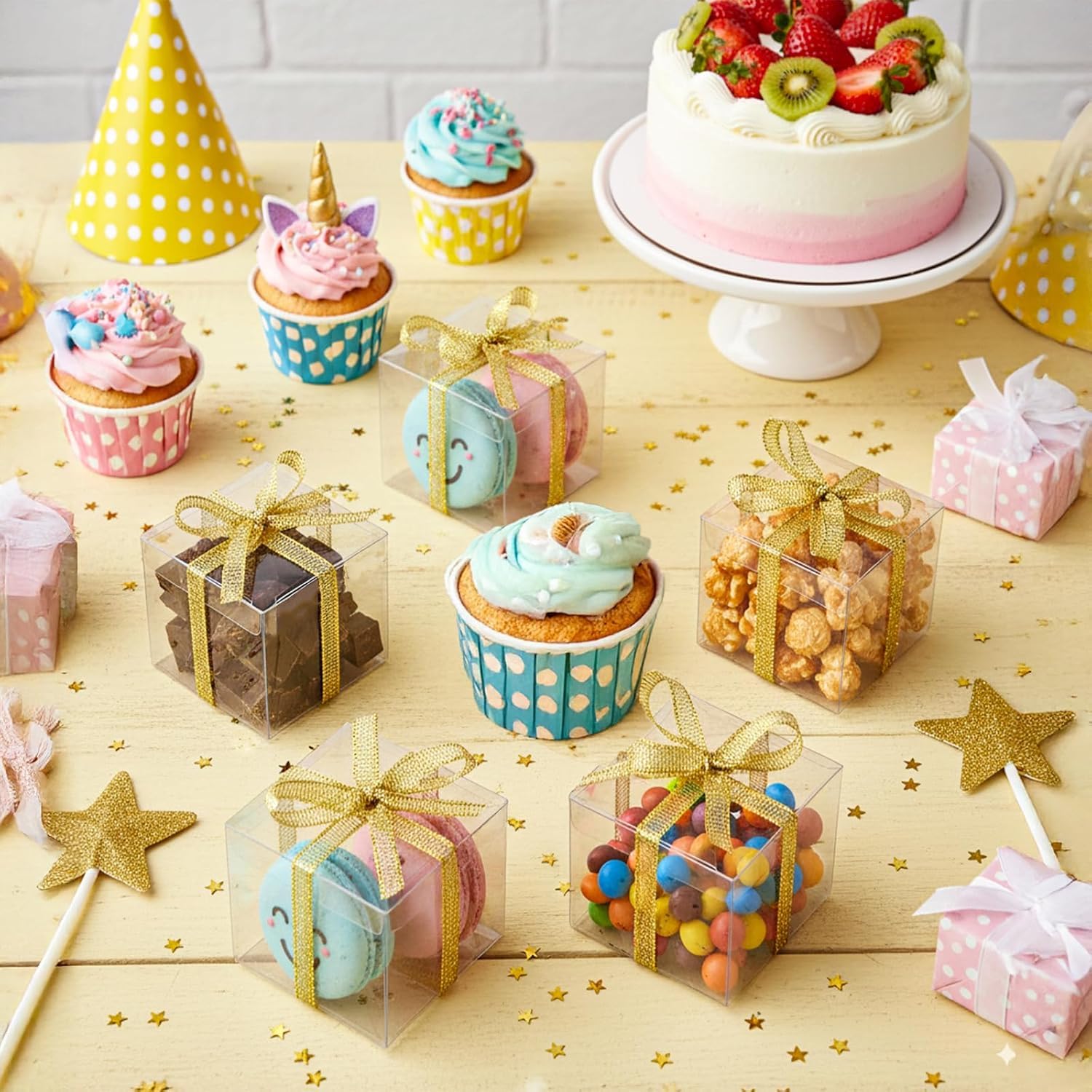Nicunom 120 Pack 2x2x2 Inch Clear Favor Boxes with Ribbons, Small Plastic Gift Boxes Mini Transparent Cube Individual Candy Macaron Packaging Box for Wedding Birthday Party Baby Shower Treats