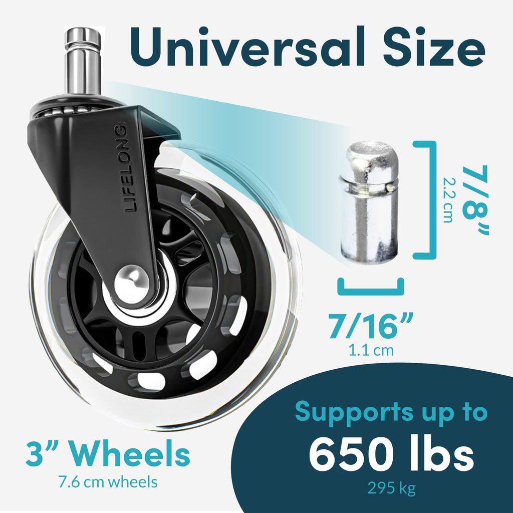 Lifelong Office Chair Wheels Replacement Rubber Chair Casters for Hardwood Floors and Carpet, Set of 5, Heavy Duty Casters for Chairs to Replace Office Chair Mats - Fits 98%