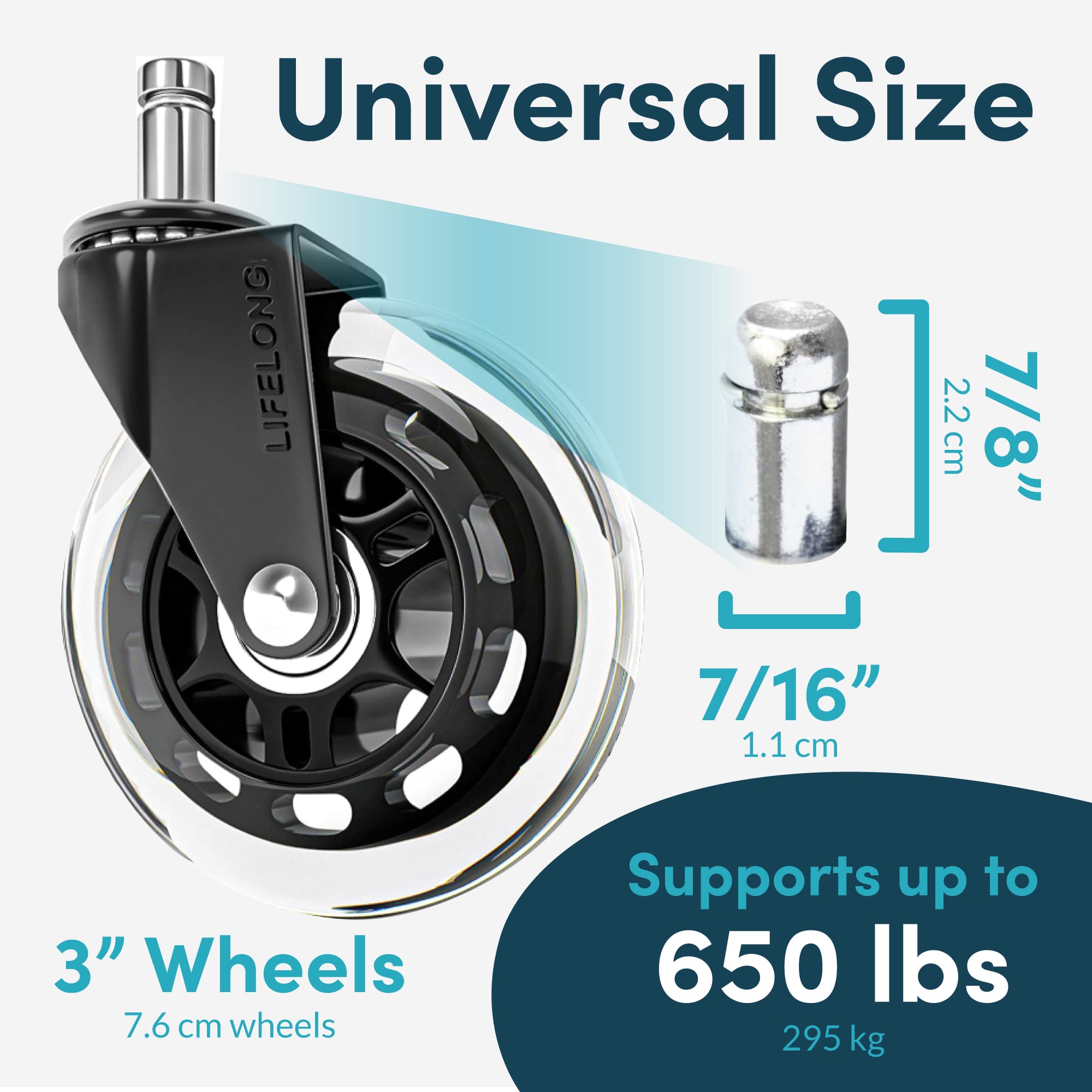 Lifelong Office Chair Wheels Replacement Rubber Chair Casters for Hardwood Floors and Carpet, Set of 5, Heavy Duty Casters for Chairs to Replace Office Chair Mats - Fits 98%