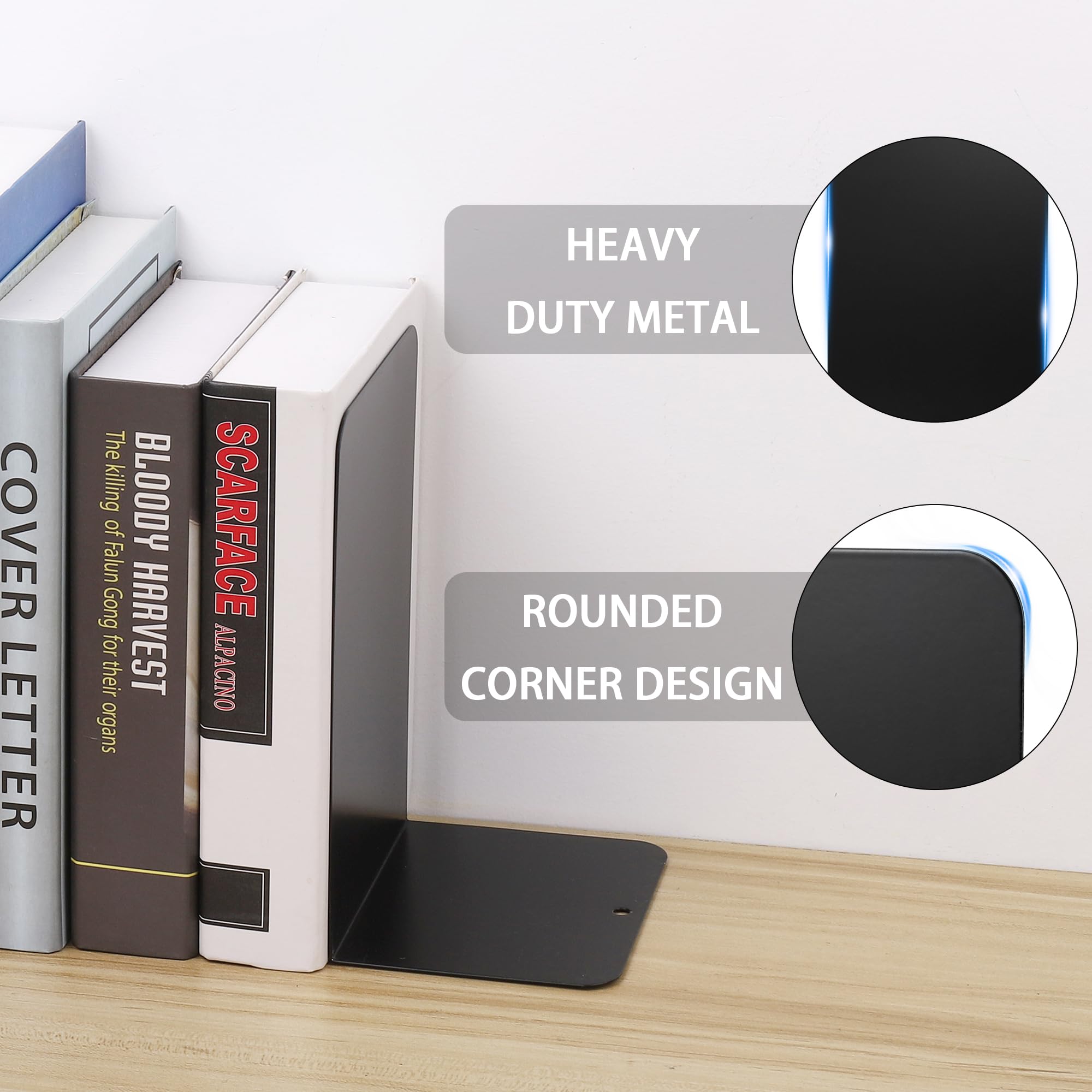 JIANTA Book Ends, Heavy Duty Metal Bookends, 2 Pairs/4 Pieces Book Stopper, Book Ends Support for Shelves, Black Non-Slip Bookshelf Holder Stand for Home, Office, Library, School