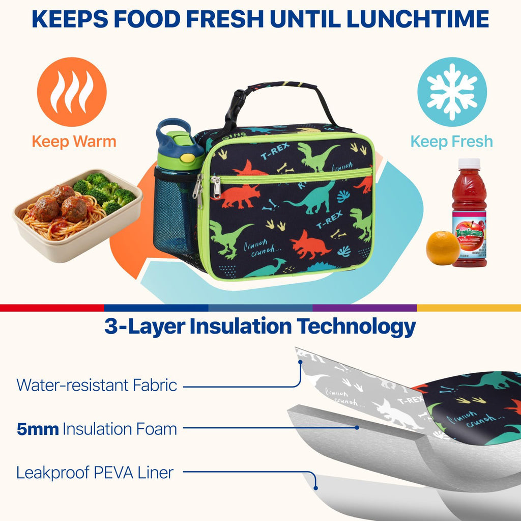 Bagseri Kids Lunch Bag Boys - Kids Lunch Box for Boys Reusable Leak-Proof and Insulated Lunch Bag Toddler Lunch Box for Daycare and School, Black Dinosaur (Water Bottle Not Included)
